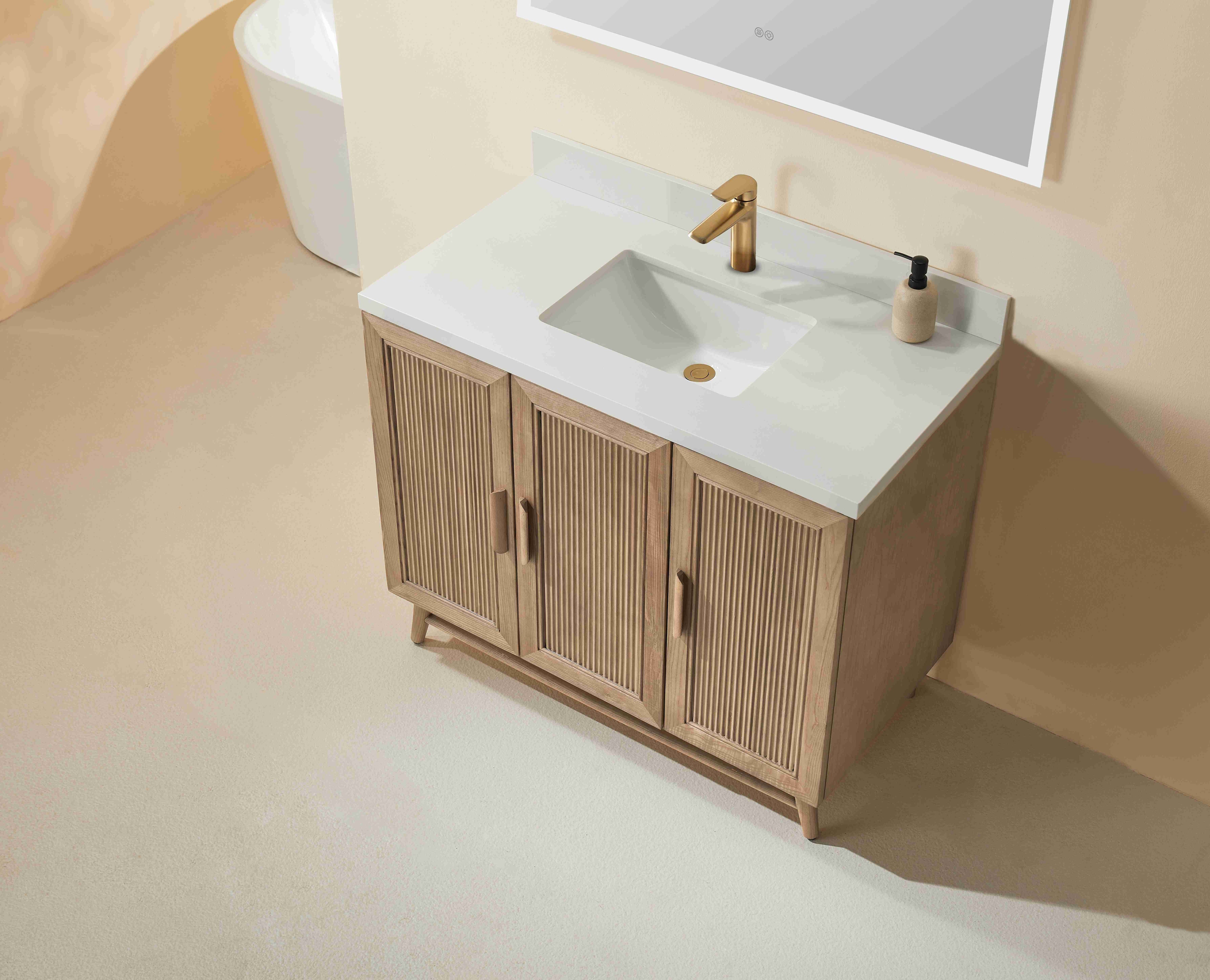 Antique Oak Floor Standing Bathroom Vanity with White Quartz Countertop - 42 Inch Sunflower Design | Modern Farmhouse Bathroom Decor for Master Bath & Guest Bath (Pre-Order Now, ETA: June 2025)