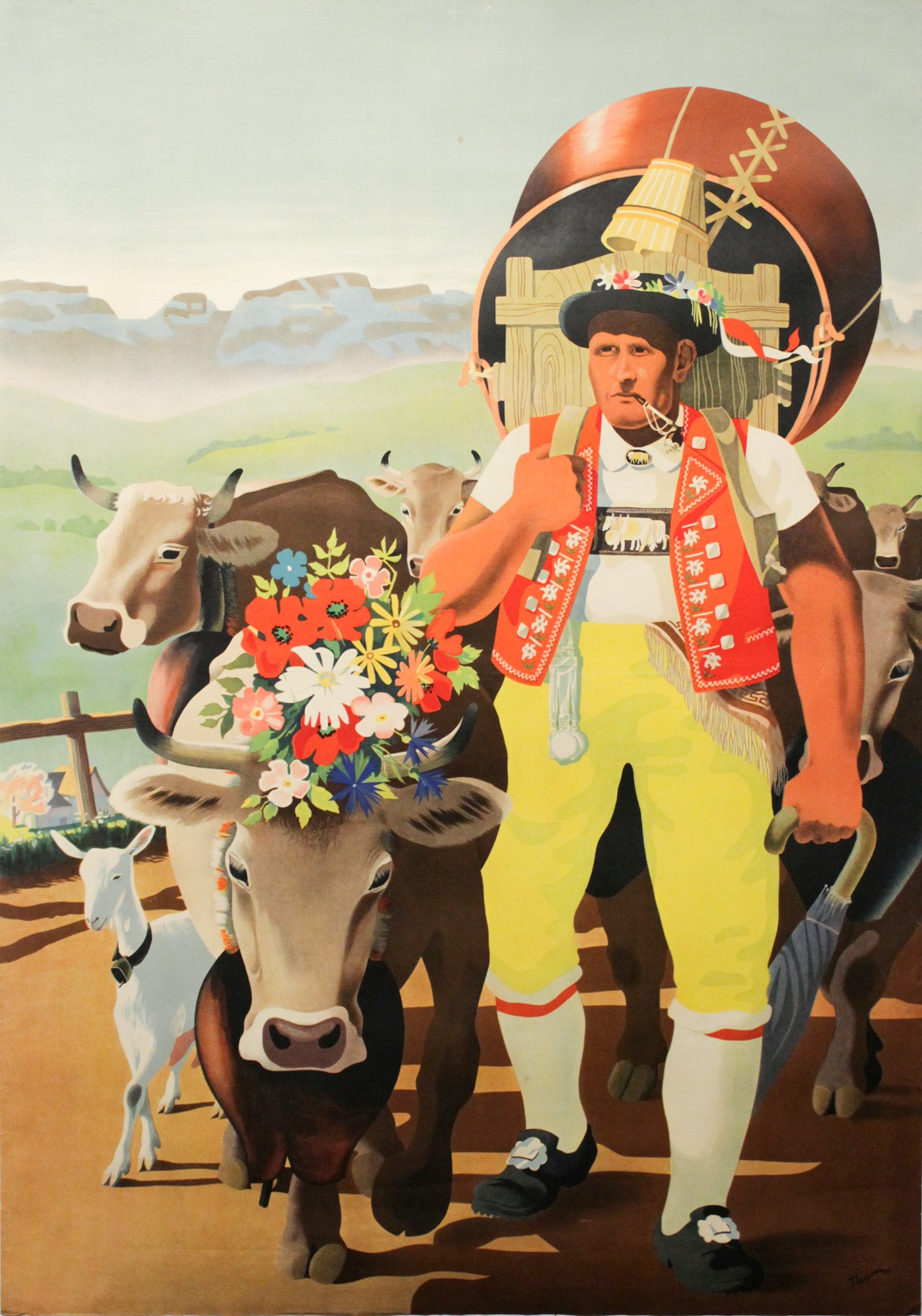 Vintage 1940 Swiss Advertisement Poster - Toggenburger Biscuits by Hans Thöni (Men with Cows) - Perfect for Home Decor, Office Wall Art & Vintage Collectors