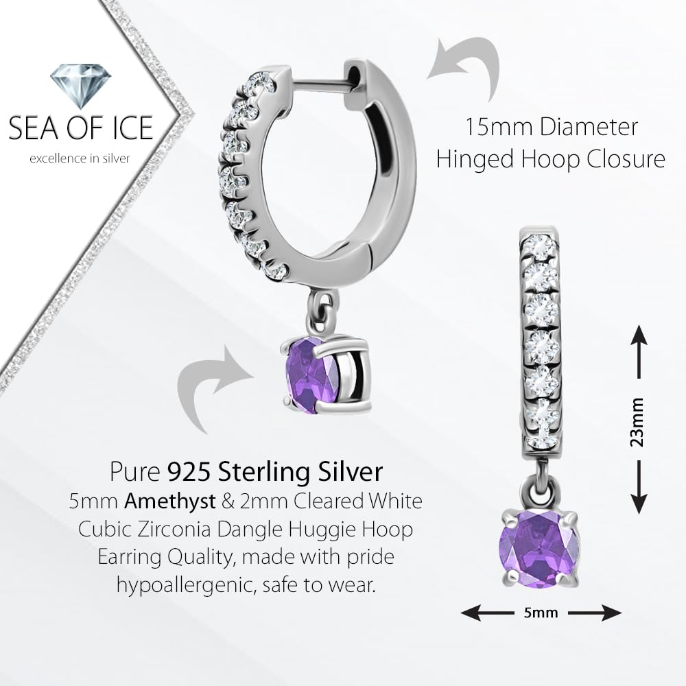 Sea of Ice 925 Sterling Silver Gemstone Birthstone Dangle Huggie Hoop Earrings for Women – 15mm White CZ Mini Hoops – Lightweight Comfortable Everyday Jewelry – Perfect for Gifts, Office Wear & Special Occasions