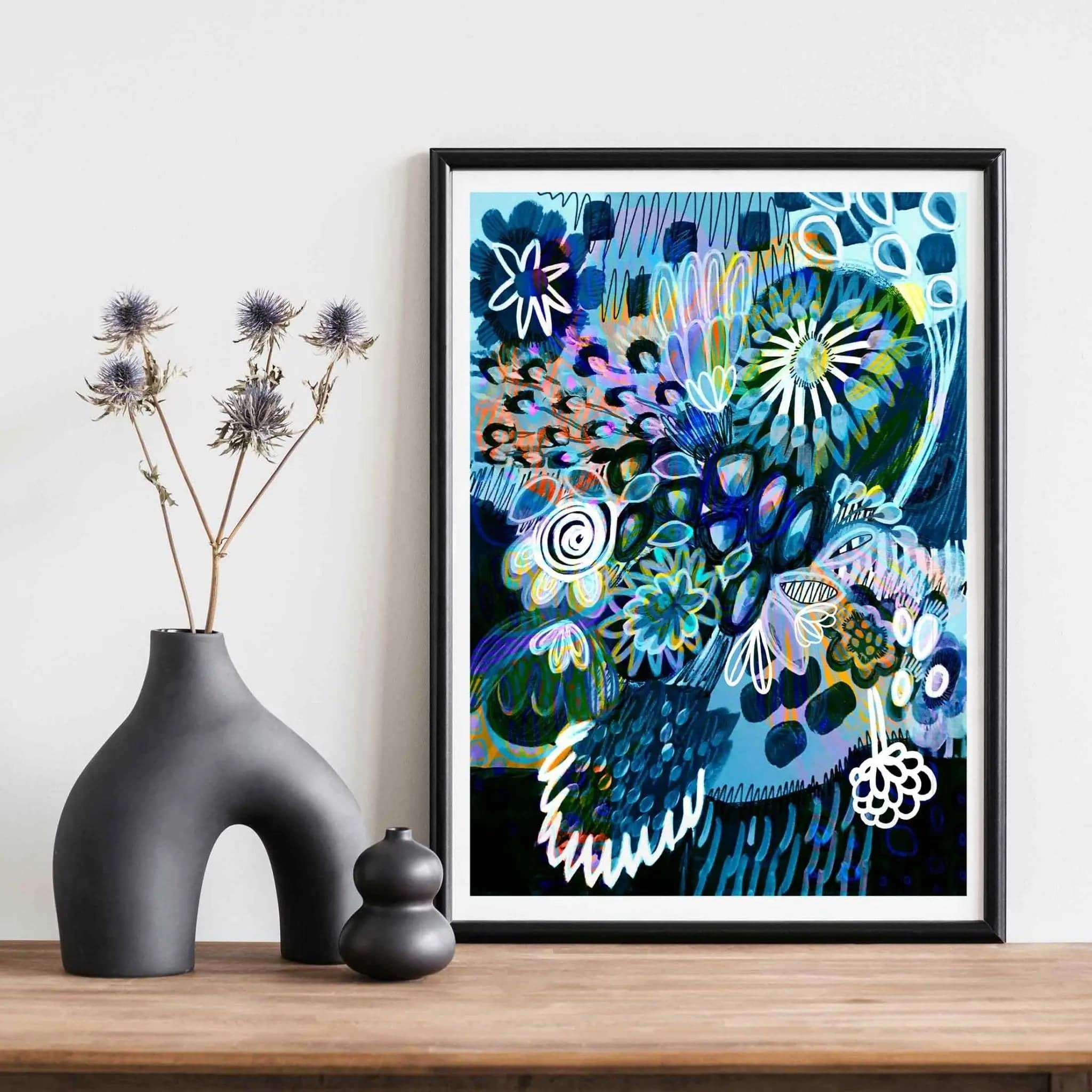Modern Abstract Wall Art Print - Moody Blues Mixed Bunch Canvas Painting - Perfect for Living Room, Bedroom & Office Decor