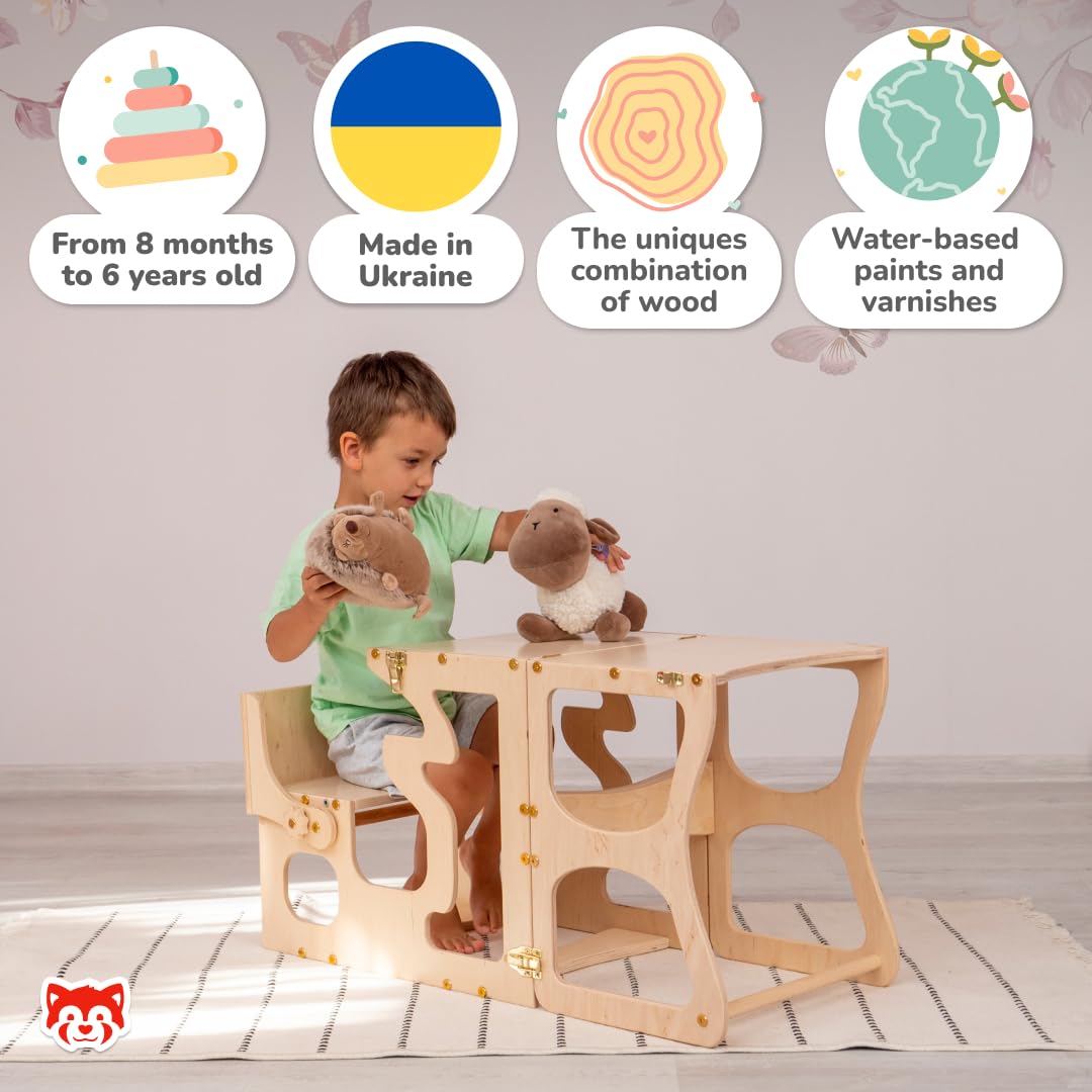 Wooden Step Stool for Toddlers - Montessori Learning Tower with Shapes - Safe Kitchen Helper Stool for Kids - Perfect for Baking, Cooking & Learning Independence - Made in Ukraine