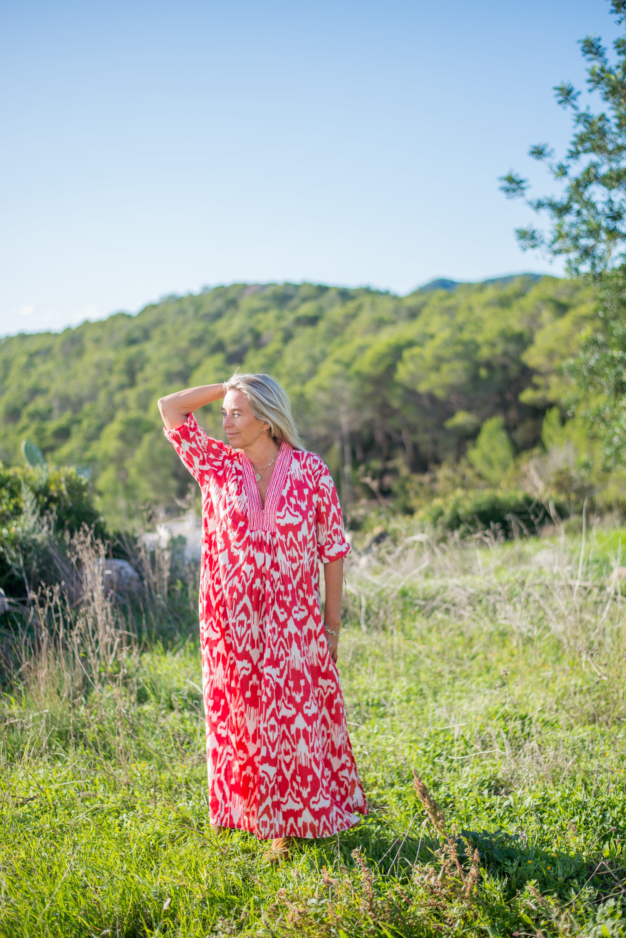 Boho Ikat Red Long Tunic - Stylish Flowy Women's Top for Casual Wear, Beach Cover-Up, and Festival Outfits