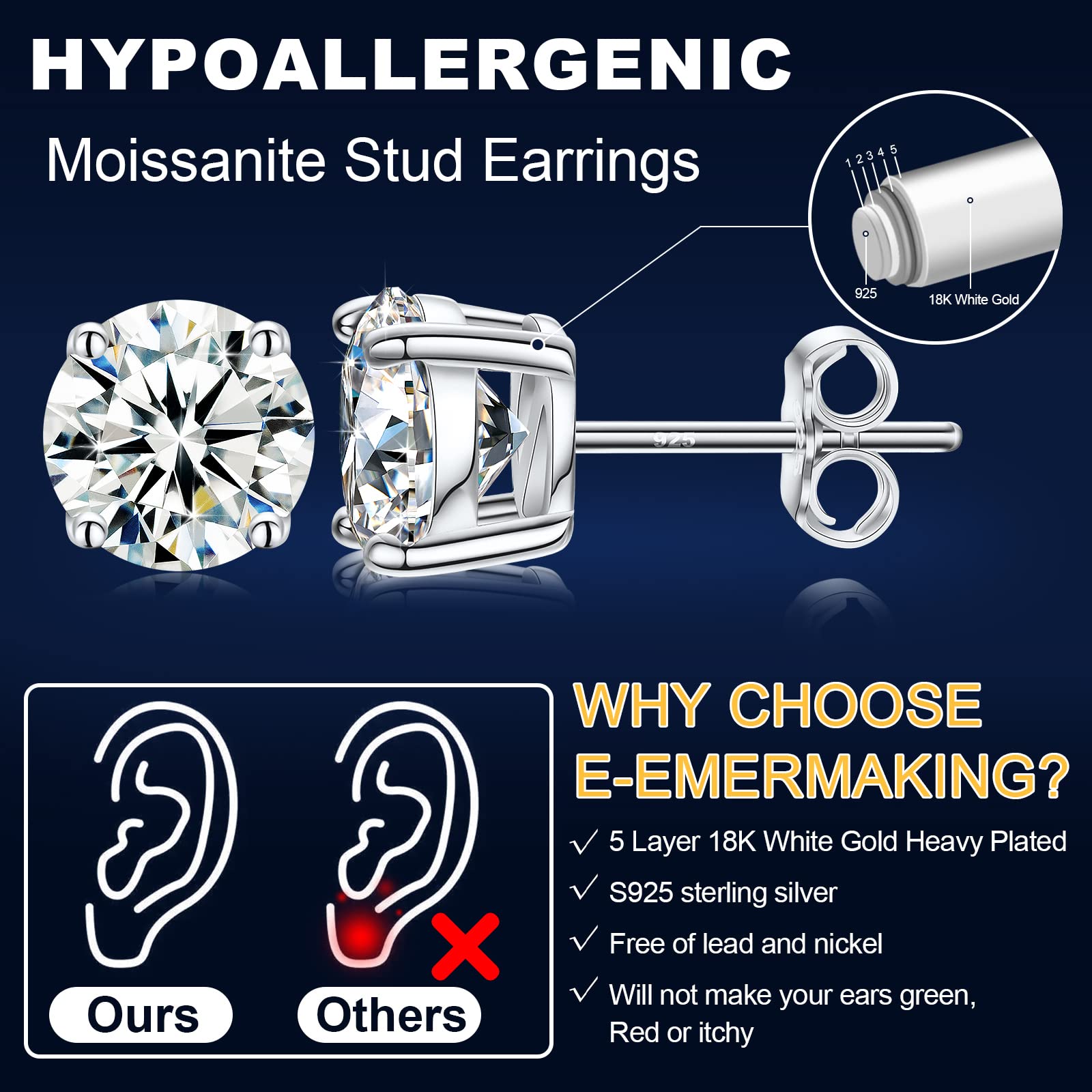 Lab-Created Moissanite Stud Earrings 0.2CT-8.0CT | D Color VVS1 Clarity Round Cut | Hypoallergenic 18K Gold Plated or 925 Sterling Silver | Diamond Simulant Earrings for Women & Men | Perfect Anniversary, Birthday & Everyday Jewelry Gift