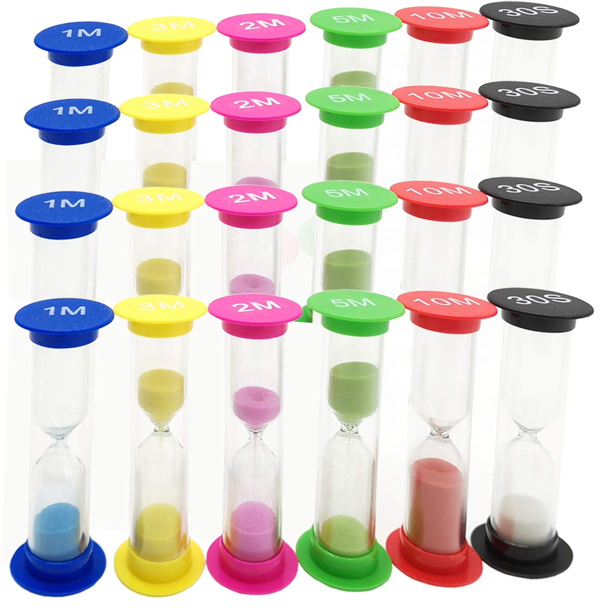 TIHOOD 24-Piece Multicolor Plastic Sand Timer Set - 30 Sec, 1 Min, 2 Min, 3 Min, 5 Min & 10 Min Hourglass for Kids & Adults - Perfect for Classroom, Kitchen, Games, Office & Time Management Activities
