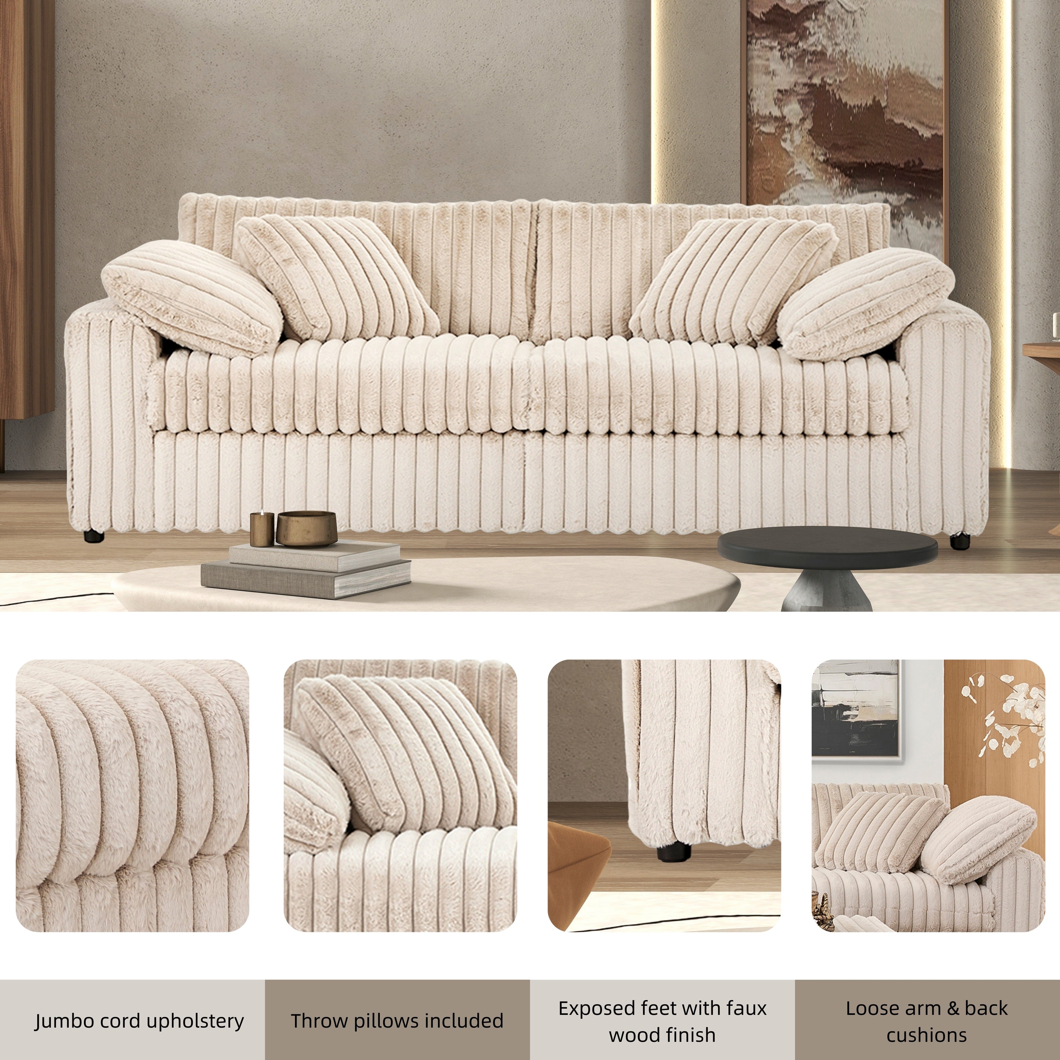 Roundhill Furniture Belvoir Upholstered Stationary Sofa - Modern Living Room Couch with Soft Fabric for Home, Office & Lounge Comfort