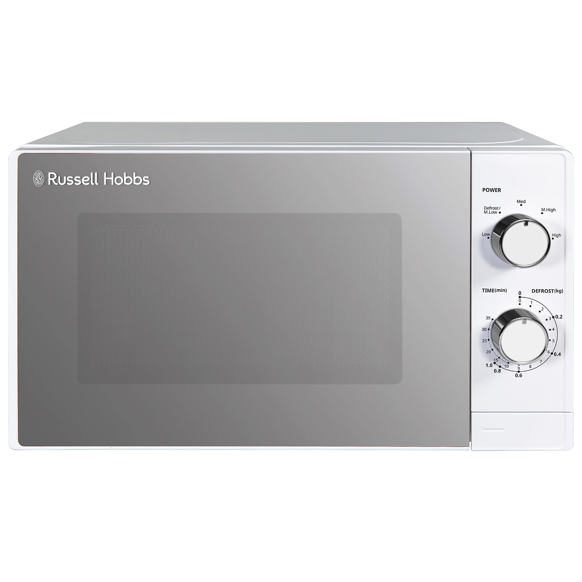 Russell Hobbs 20L 800W White Manual Microwave Oven - 5 Power Levels, Timer & Defrost Function, Easy Clean RHM2027 - Perfect for Small Kitchens, Dorms & Office Break Rooms