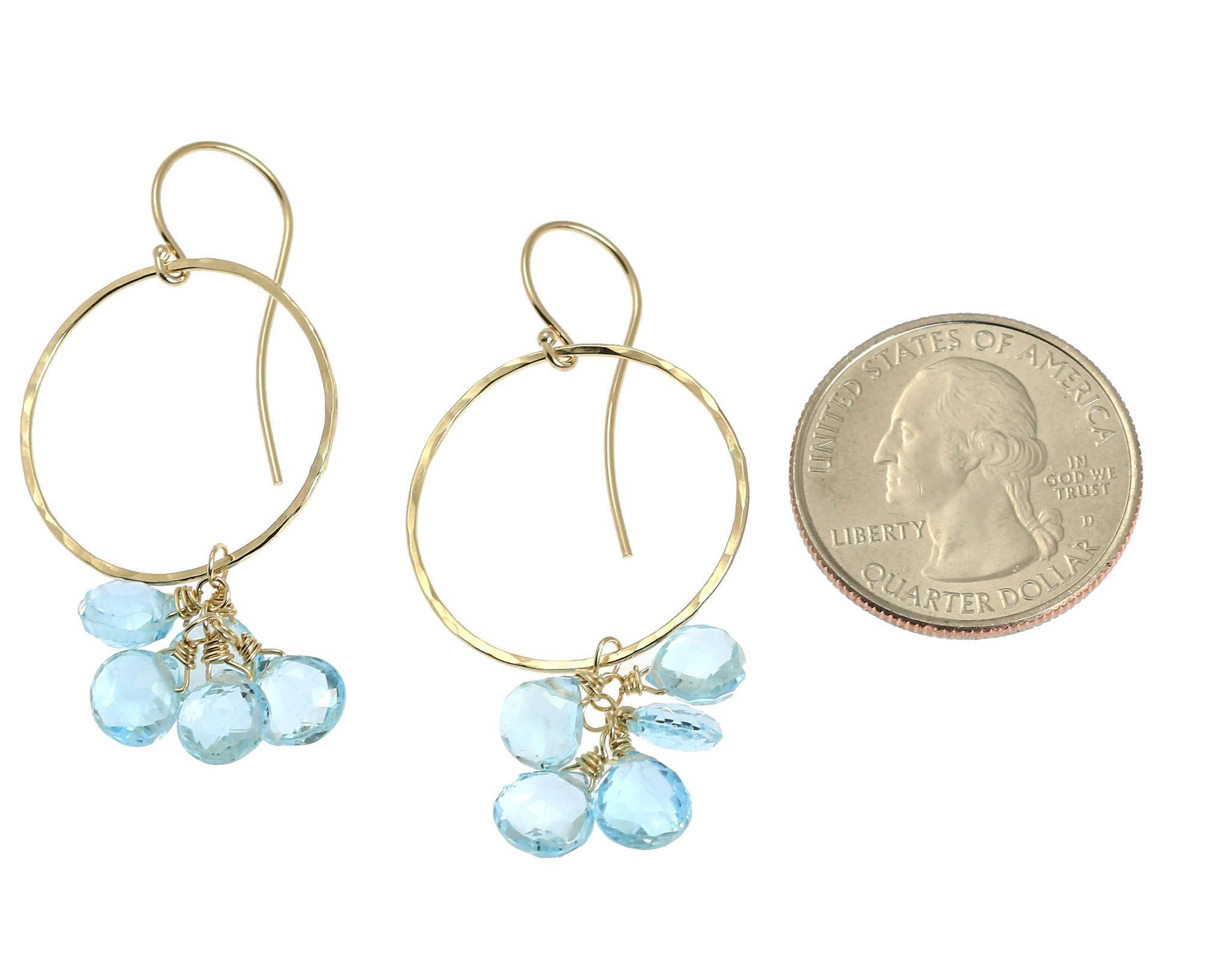 14K Gold Hammered Hoop Earrings with Blue Topaz Gemstones - Elegant Dangle Earrings for Women, Perfect for Weddings, Parties & Everyday Wear