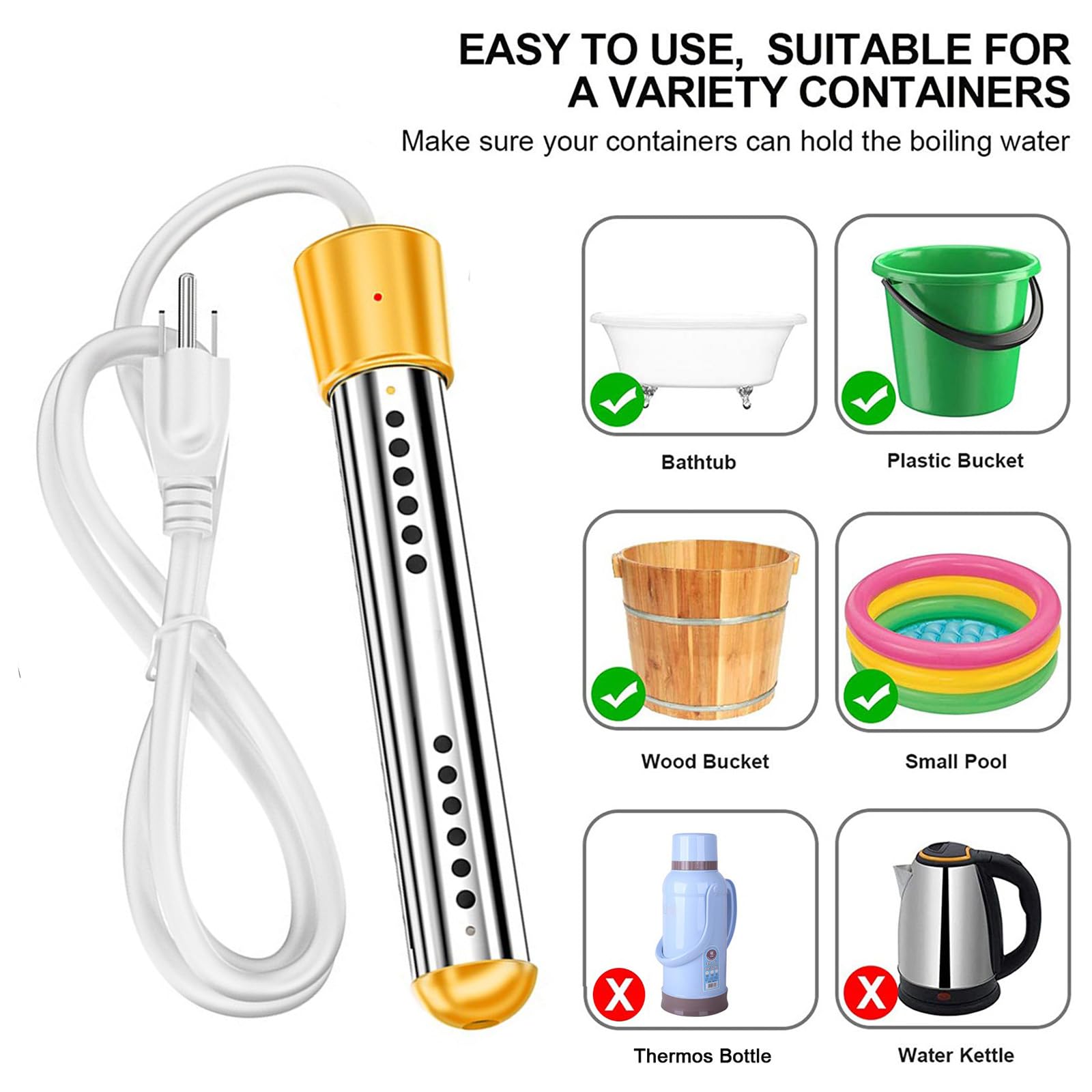 2000W Portable Immersion Water Heater - Fast Electric Bucket Heater for 5 Gallons with Auto Temperature Control & Safety Cut-Off - Perfect for Camping, Travel, and Emergency Hot Water Needs