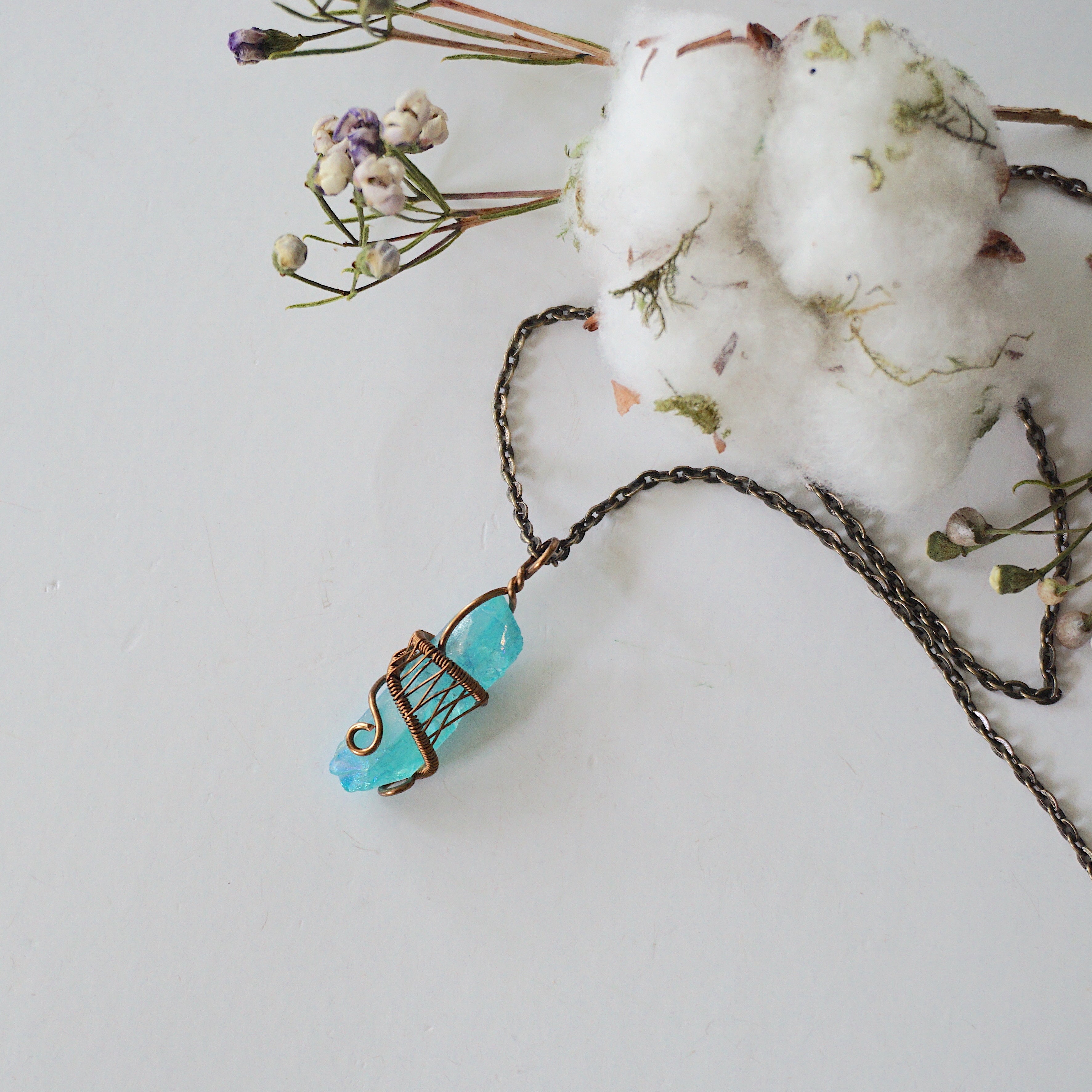 Aqua Aura Quartz Necklace - Healing Crystal Point Pendant with Antique Bronze Chain | Spiritual Jewelry for Meditation, Energy Cleansing & Chakra Balancing