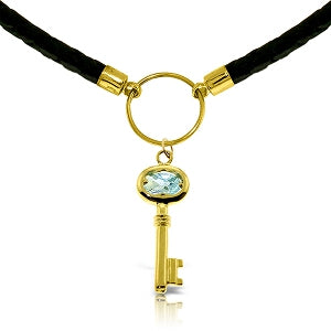 0.5 Carat Aquamarine 14K Solid Yellow Gold Leather Key Necklace - Elegant Pendant for Women, Gift for Birthday, Anniversary & Valentine's Day