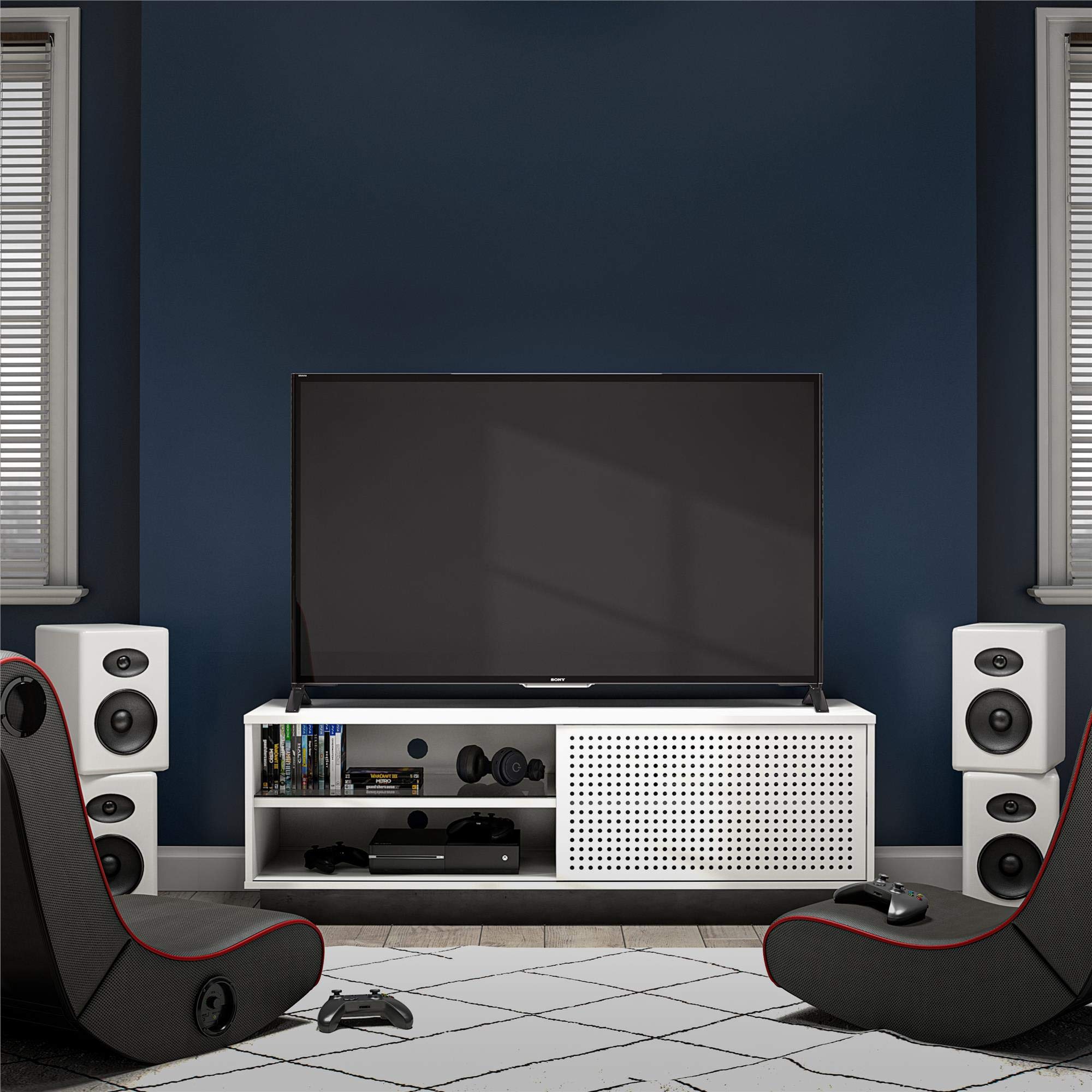 NTENSE Glitch Gaming TV Stand for 60 Inch TVs - Modern Entertainment Center with LED RGB Lights & Wire Management - Perfect for Man Cave, Game Room & Play Room - Durable Metal TV Stand in White