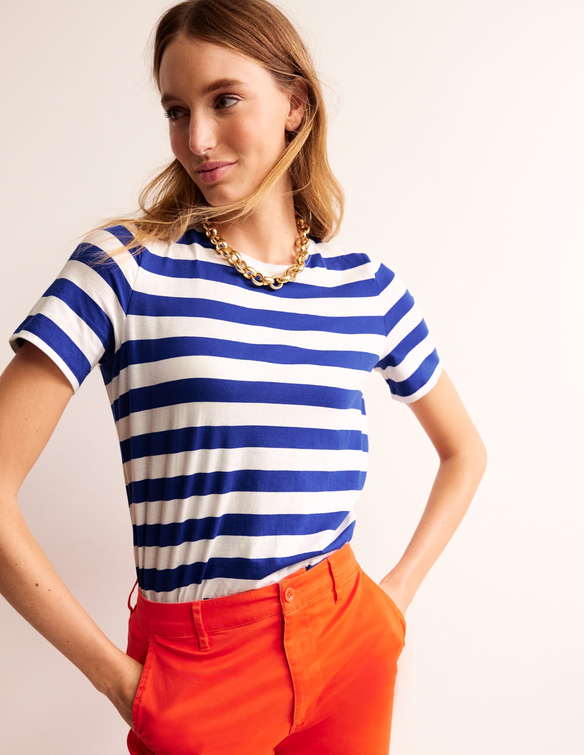 Bea Short Sleeve Breton Stripe T-Shirt - Blue & Ivory Casual Top for Women | Perfect for Everyday Wear, Weekend Outings & Summer Vacation