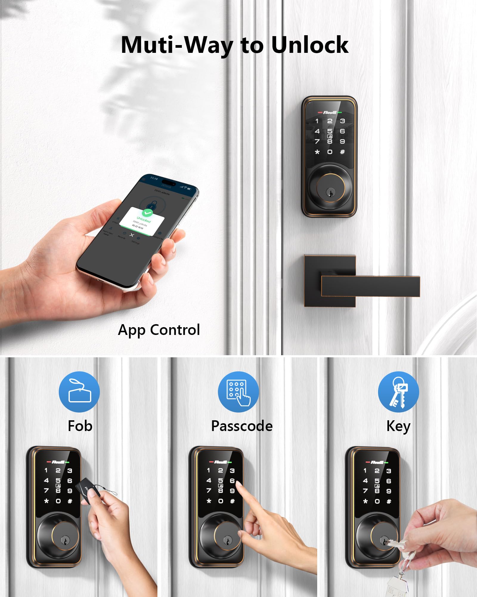 Zowill WiFi Smart Lock - Keyless Entry Door Lock with APP Control, Touchscreen Keypad, Auto-Lock Smart Deadbolt for Front Door - Home Security & Smart Home Automation (Includes G2 Gateway) - Perfect for Vacation Homes, Rentals & Smart Home Integration