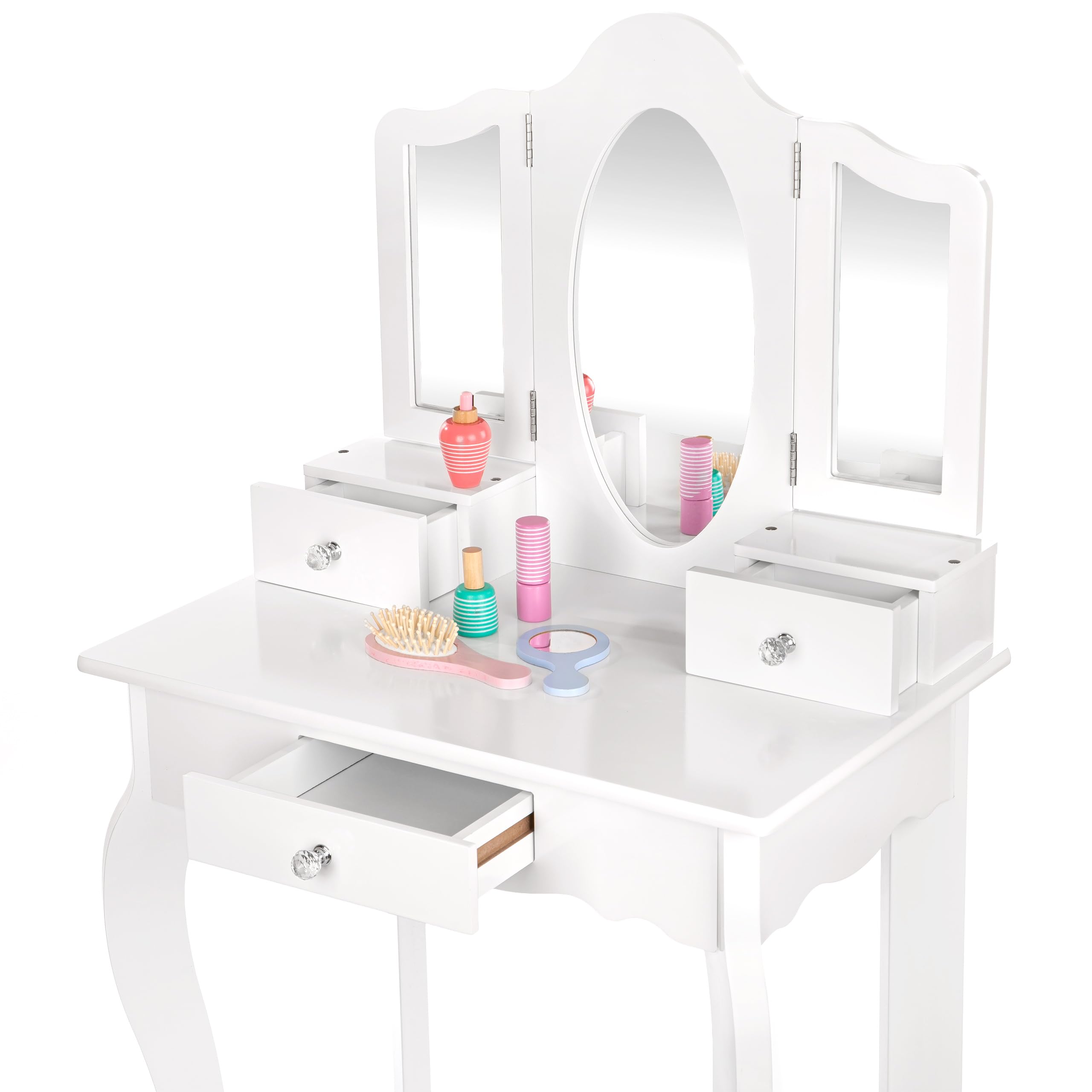 Wooden Kids Vanity Set with Mirror & Accessories - White Makeup Dresser Table with Drawers - Educational Toy for Girls Ages 3-6 Years (GS3302) - Perfect for Pretend Play, Birthday Gifts & Bedroom Decor