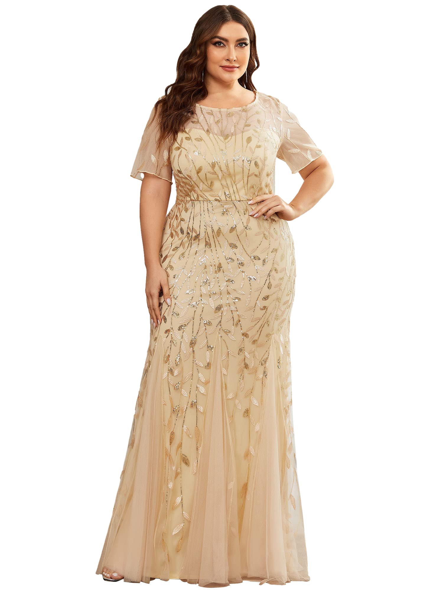 Ever-Pretty Women's Plus Size Embroidered Sequin Short Sleeve Bodycon Maxi Formal Dress 07707-PZUSA - Perfect for Evening Parties, Weddings & Special Occasions