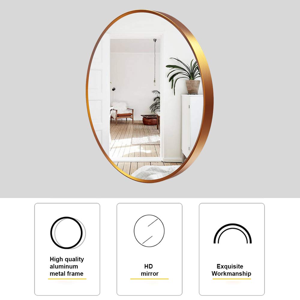Aloni 24 Inch Round Copper Wall Mirror with Metal Frame - Rustic Style Decorative Bathroom Vanity Mirror for Washrooms, Entryways & Home Décor | Perfect for Makeup, Grooming & Enhancing Small Spaces