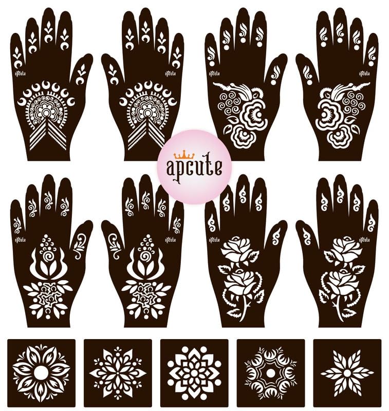 Apcute 13-Piece Henna Tattoo Sticker Set | Temporary Mehandi Stencils for Full Hand Design - Easy 4-Step Application for Women & Girls | Perfect for Weddings, Festivals & DIY Body Art