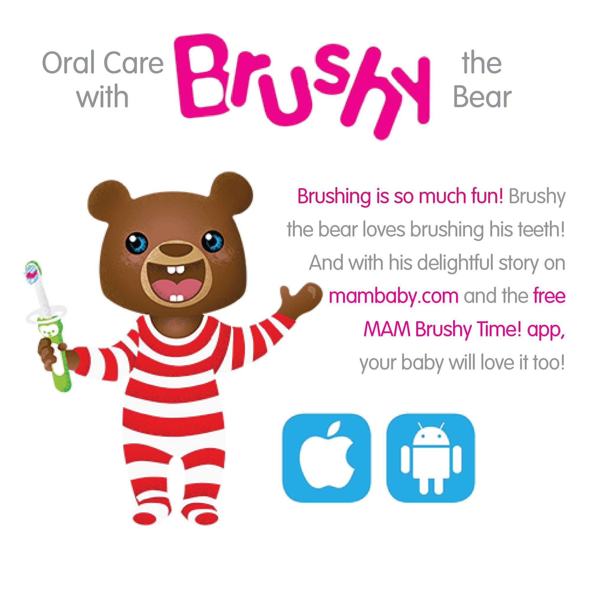 MAM Baby Toothbrushes Set - 2 Soft Bristle Toothbrushes & 1 Safety Shield with Brushy The Bear, Interactive Dental Care App for Infants 6+ Months, Blue - Gentle Teeth Cleaning for Babies & Toddlers During Bath Time and Bedtime Routine
