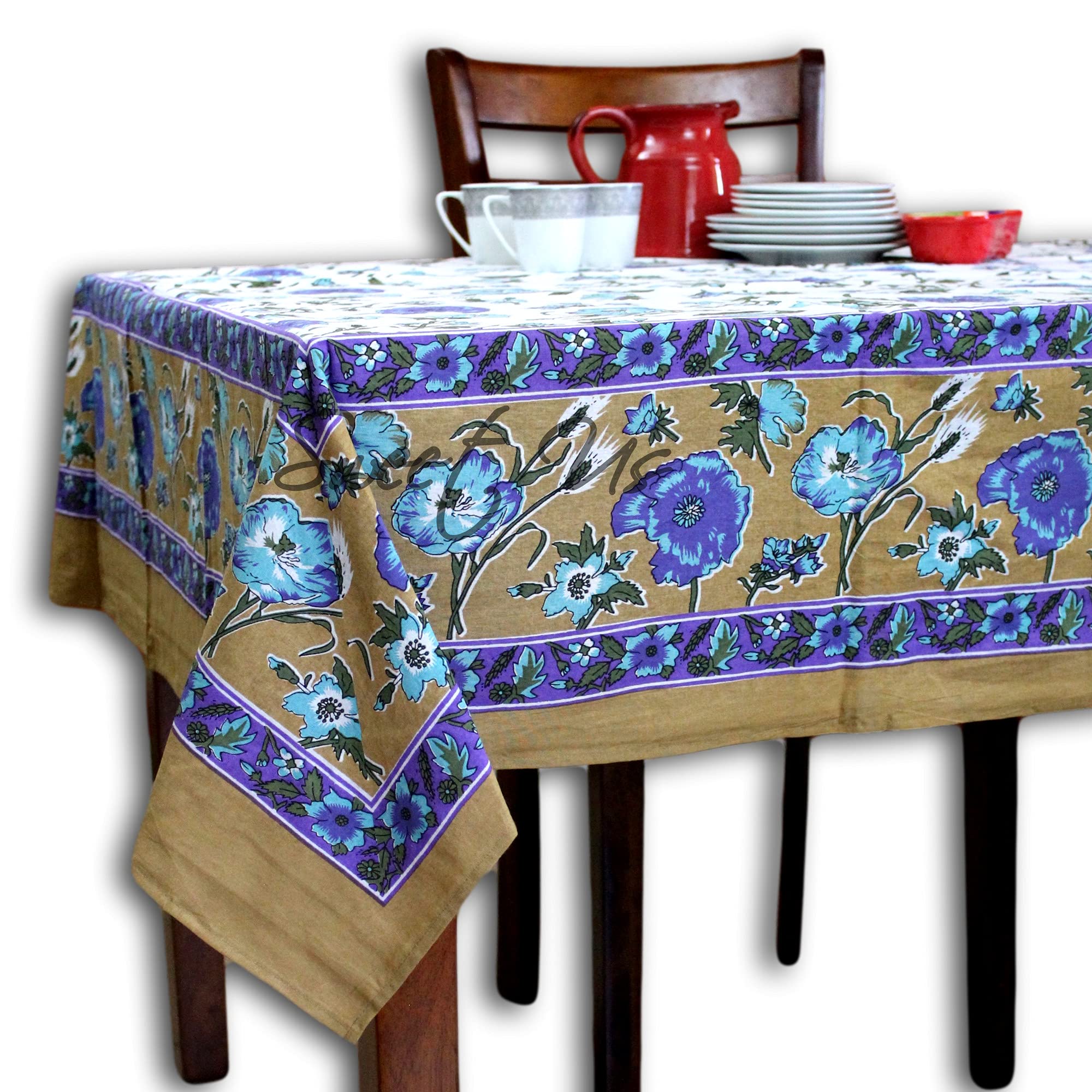 Premium Cotton Floral Tablecloth - White Gold Blue Purple Vine Pattern - 70 x 106 Inch Rectangle Table Cover for Dining, Parties, Weddings - Indoor & Outdoor Use - Washable & Wrinkle-Resistant