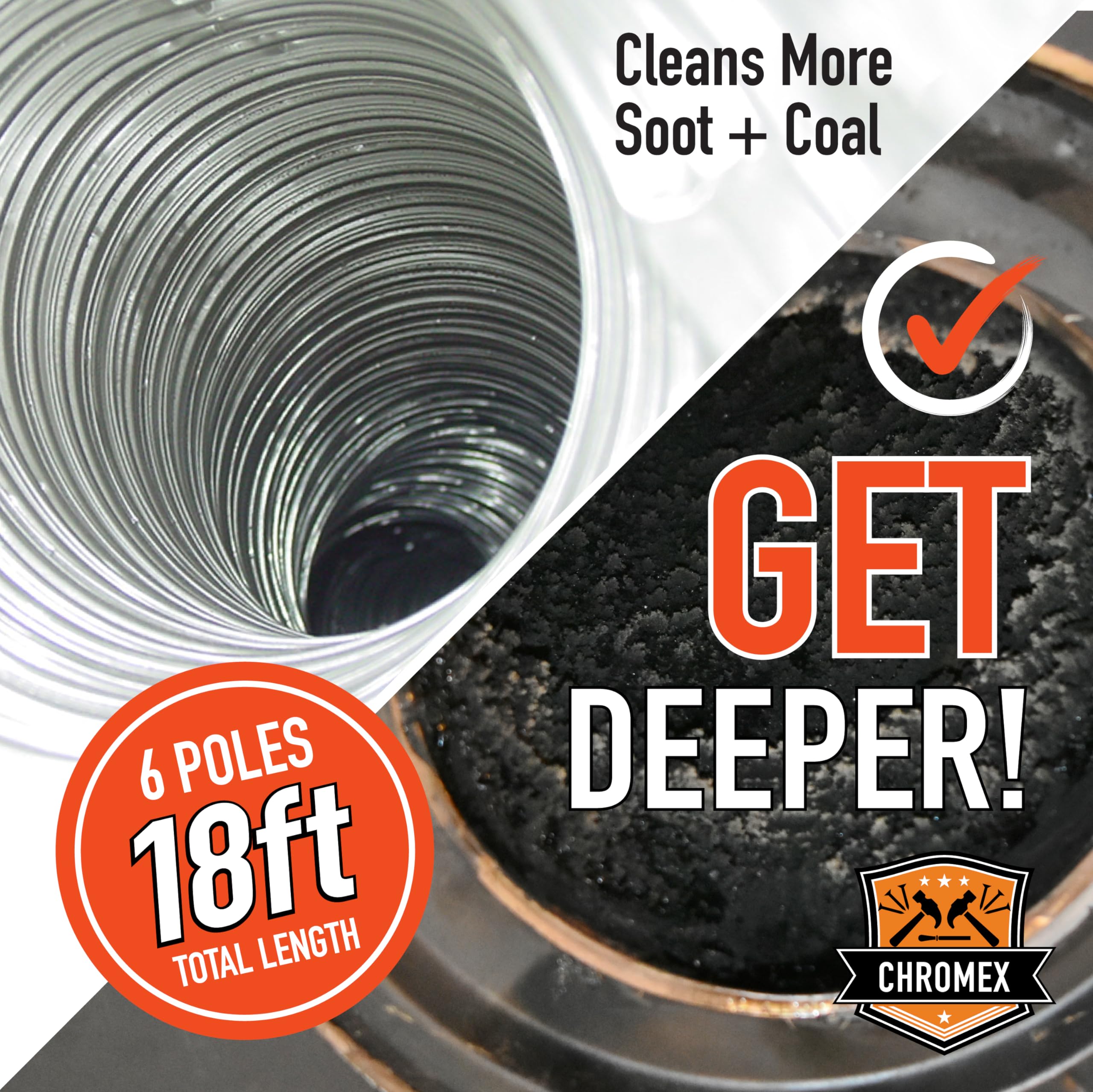 18ft Chimney Cleaning Kit - 6x3ft Fiberglass Rods & 6in Poly Brush for Fireplace Maintenance