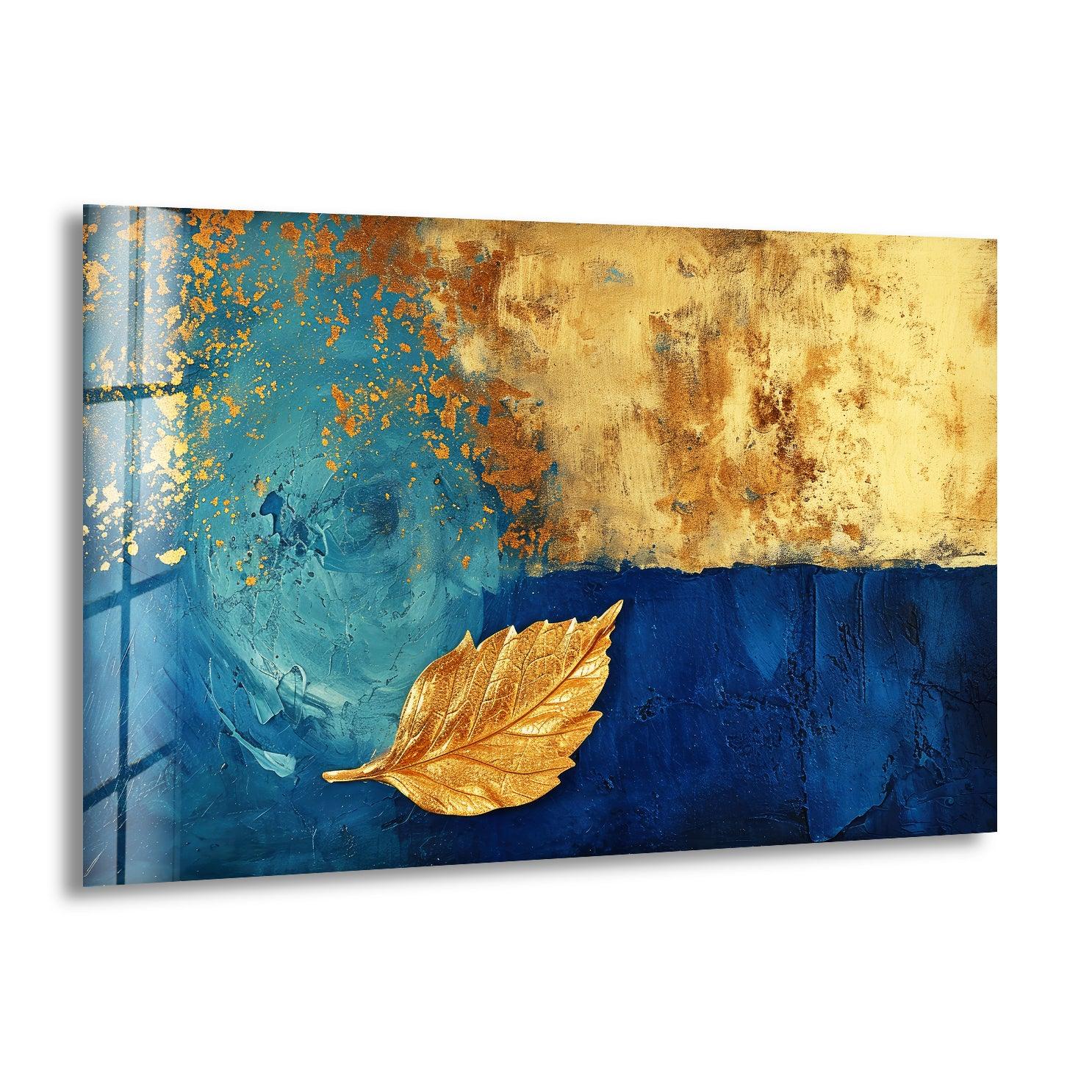 Elegant Blue Background with Gold Leaves Glass Wall Art - Modern Home Decor for Living Room, Bedroom & Office