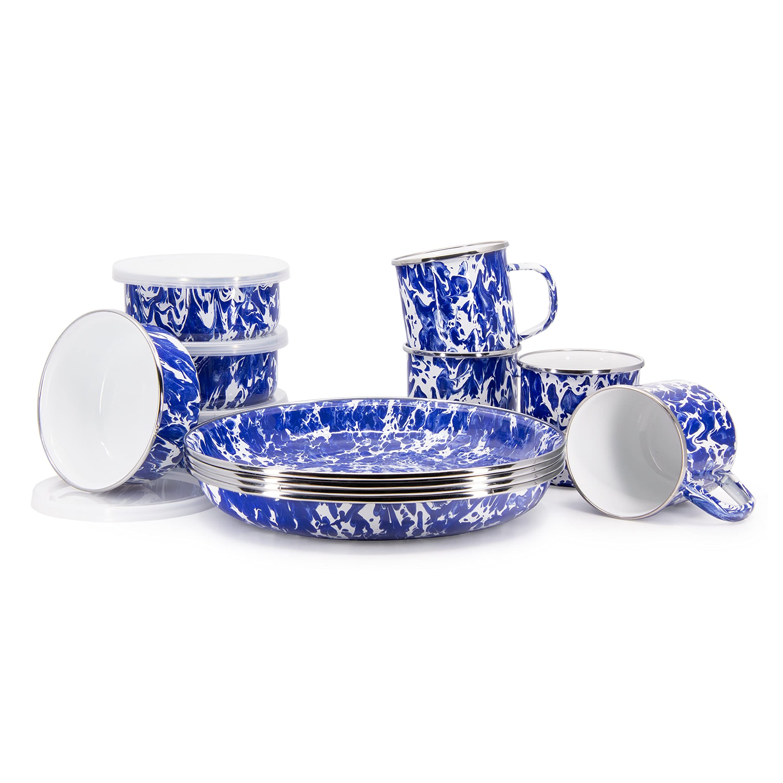 Golden Rabbit Enamelware Dinner Set - 12-Piece Cobalt Swirl Porcelain Plates, Bowls & Mugs for Rustic Farmhouse Dining, Outdoor Picnics & Gift Giving