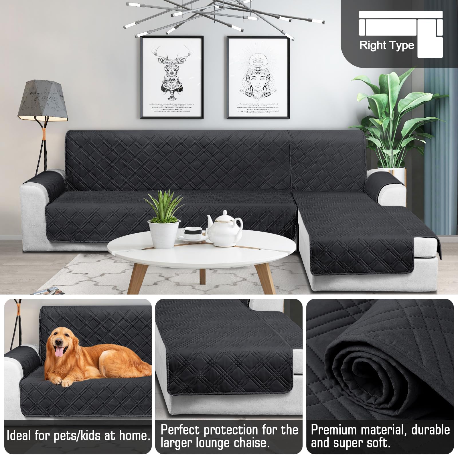 TAOCOCO 100% Waterproof L-Shaped Sectional Sofa Cover Set - 3-Piece Reversible Chaise Lounge Covers with Elastic Straps for Pets & Kids, Fits X-Large Couches (Black) - Perfect for Living Room, Family Room & Pet-Friendly Homes