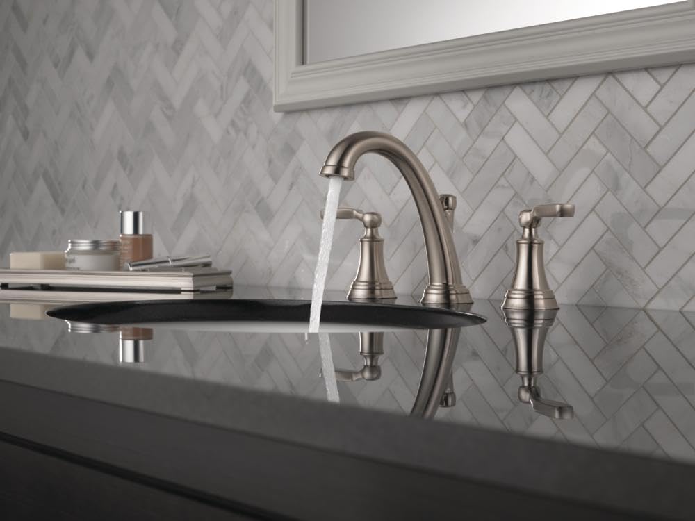 Delta Woodhurst Widespread Bathroom Faucet - Brushed Nickel Finish, 3-Hole Mount Bathroom Sink Faucet with Metal Drain Assembly (Model 3532LF-SS) - Perfect for Modern Bathroom Renovations and Luxury Home Upgrades
