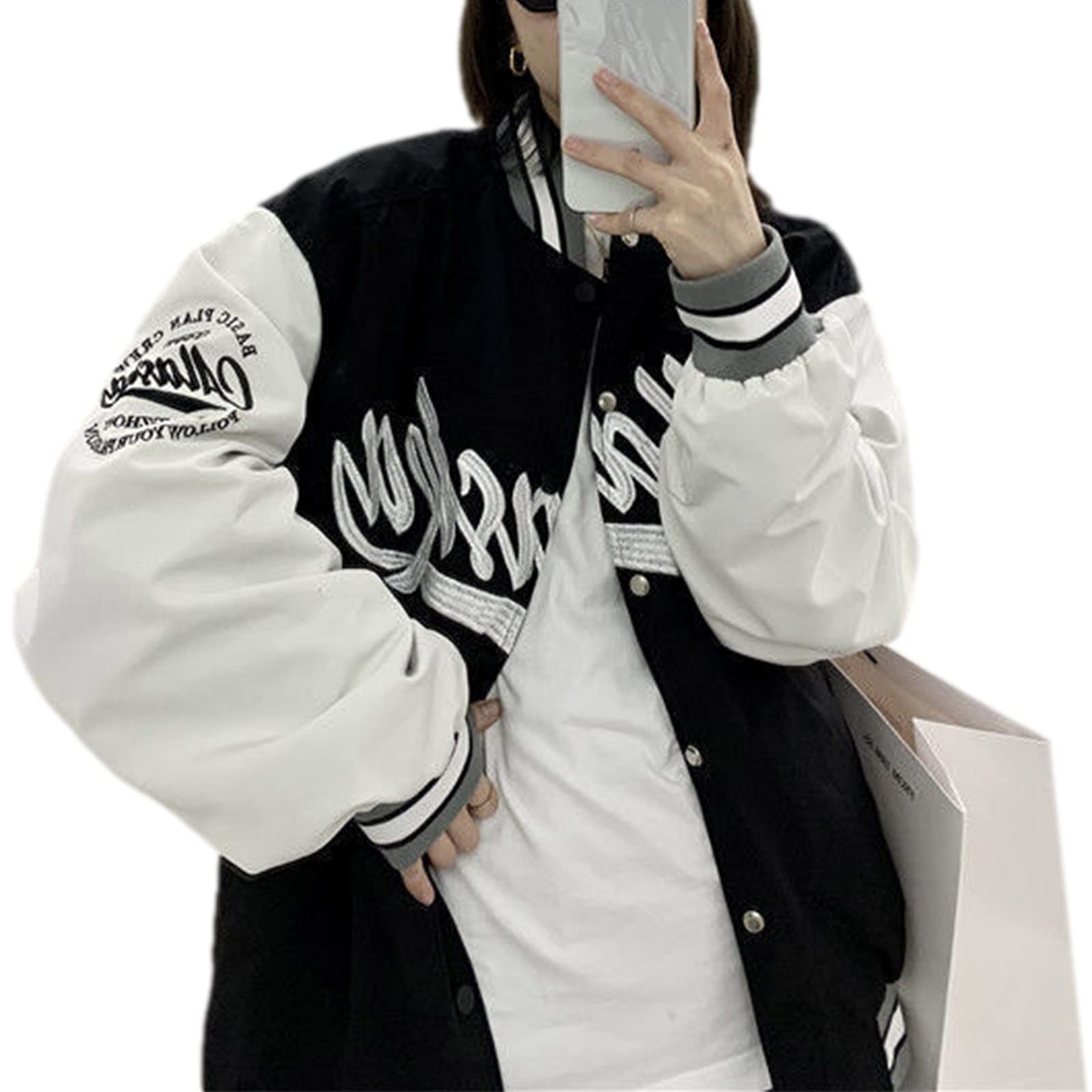Women's Oversized Y2K Bomber Jacket - Vintage Baseball Varsity Coat with Long Sleeves | Casual Streetwear Fashion for Women | Perfect for Harajuku Style, Everyday Wear & Night Out