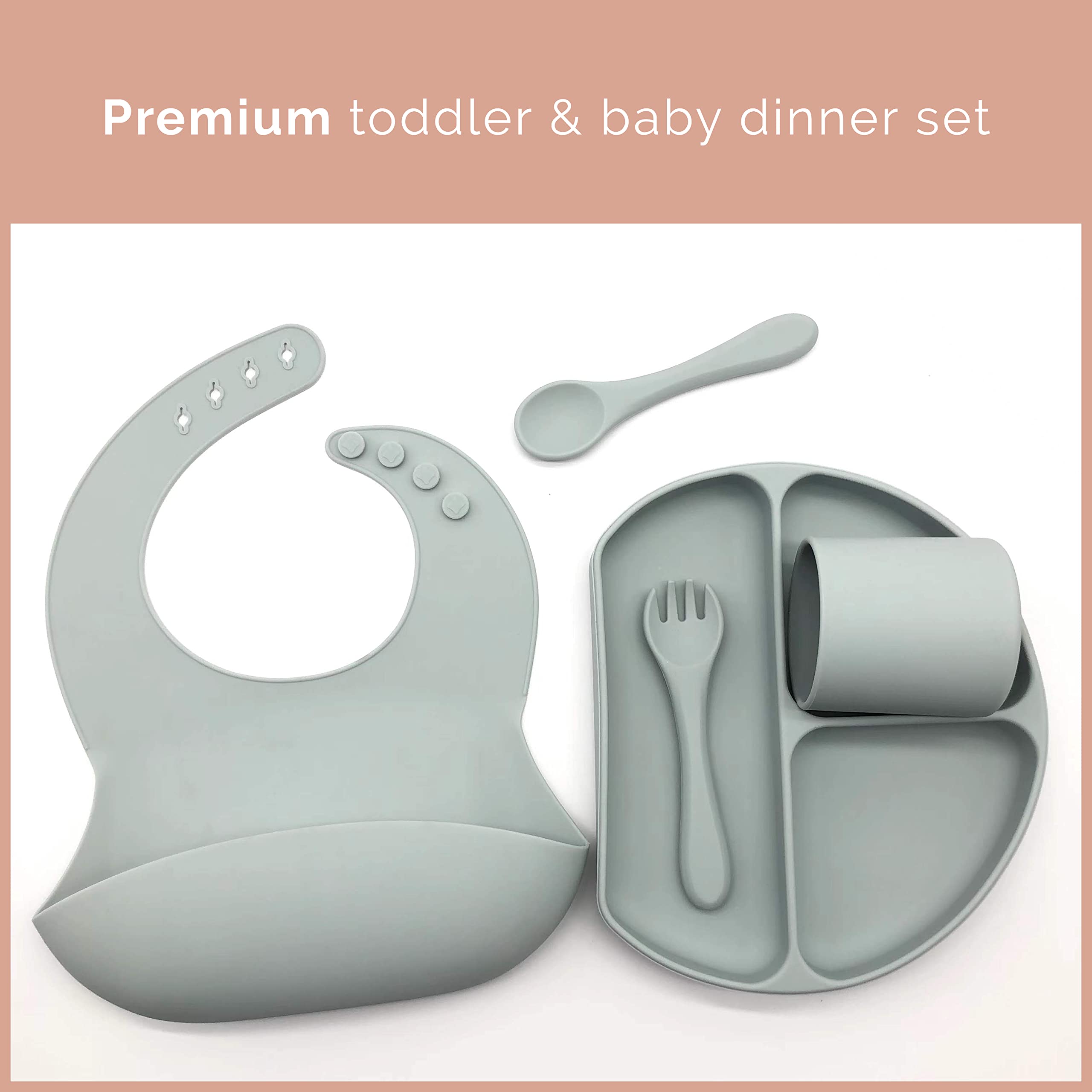 Baby Silicone Feeding Set (5-Piece) - Soft Food-Grade Silicone Bib, Suction Divided Plate & Self-Feeding Spoon/Fork - Toddler Weaning Utensils for 6+ Months - Perfect for Mess-Free Meals, Travel & Early Self-Feeding Training