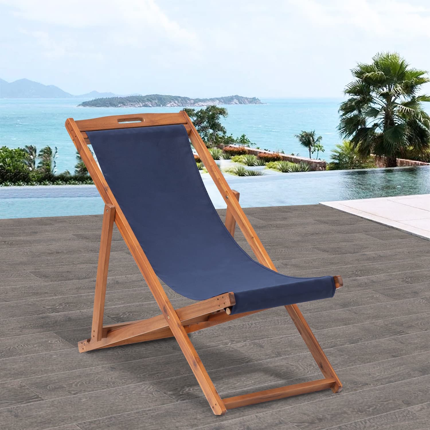 2-Pack Adjustable Wooden Folding Beach Chairs - Portable Reclining Patio Lounge Chairs for Outdoor, Backyard & Poolside - 3-Level Height Adjustable Sling Chairs for Relaxing in Sun, Sand or Garden