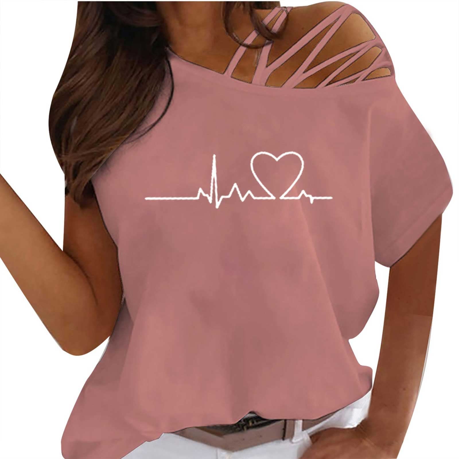 Women's Summer Cold Shoulder T-Shirt - Fashion Heart Print Hollow Blouse, Short Sleeve Fitted Graphic Top for Casual Outings, Beach Wear & Date Nights