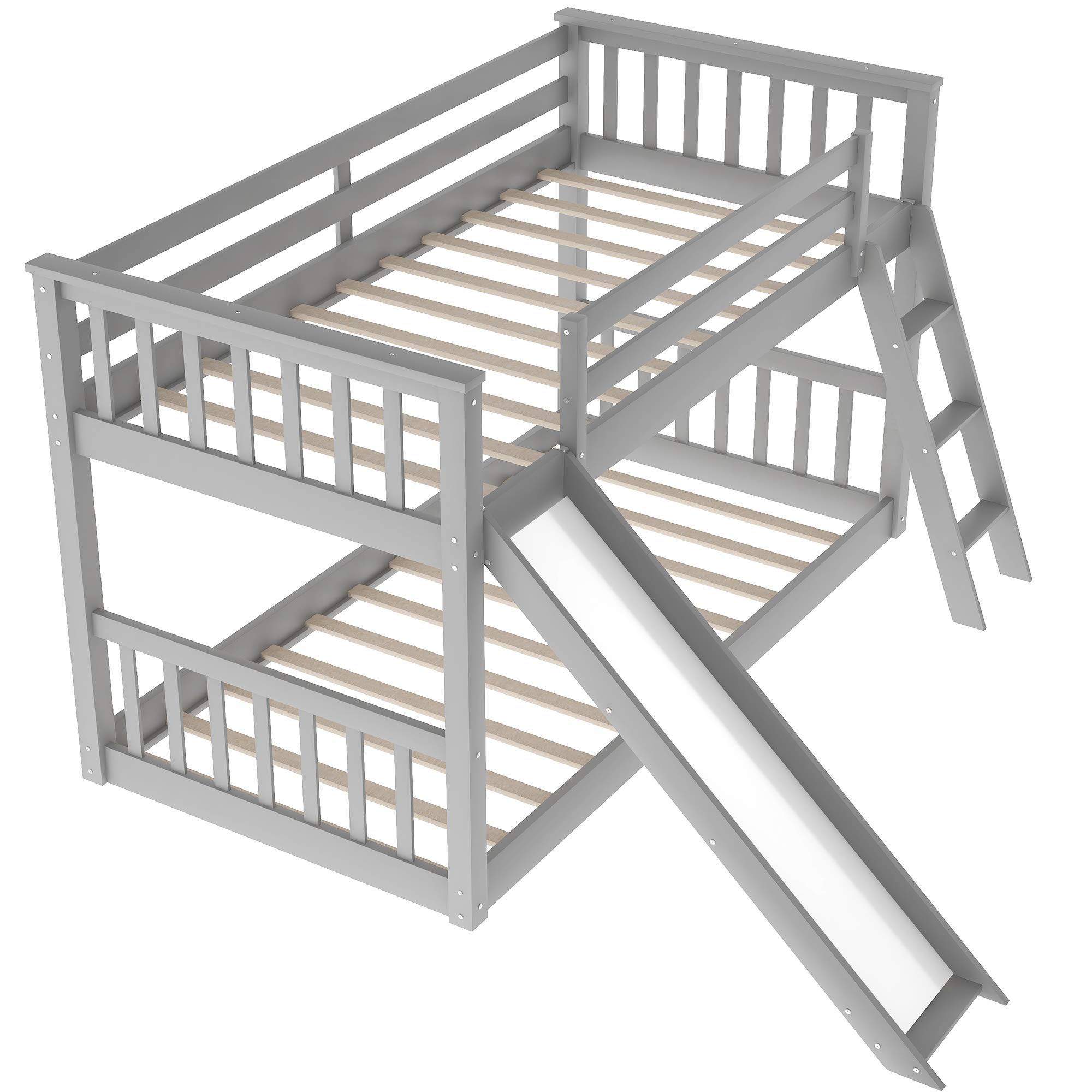 Twin Over Twin Bunk Bed with Slide & Ladder - Solid Wood Loft Bed for Kids, No Box Spring Needed (Gray) | Space-Saving Kids Bedroom Furniture for Small Rooms & Shared Sibling Spaces