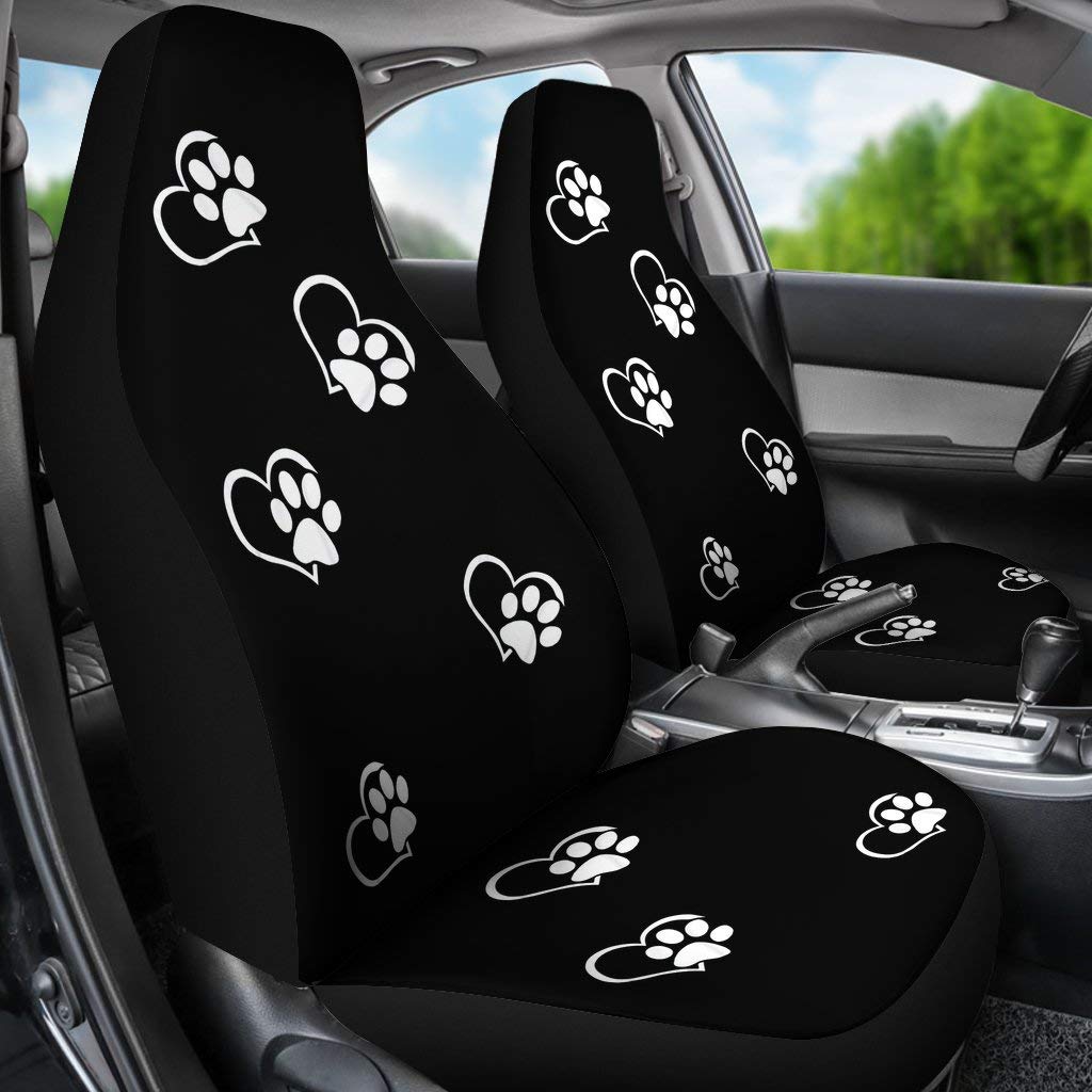 Black and White Puppy Paw Print Heart Car Seat Covers - 2-Piece Set for Dogs & Cats - Universal Fit for Sedan, SUV, Truck, Van - Soft Pet-Friendly Seat Protectors for Women & Girls - Perfect for Road Trips and Daily Commutes