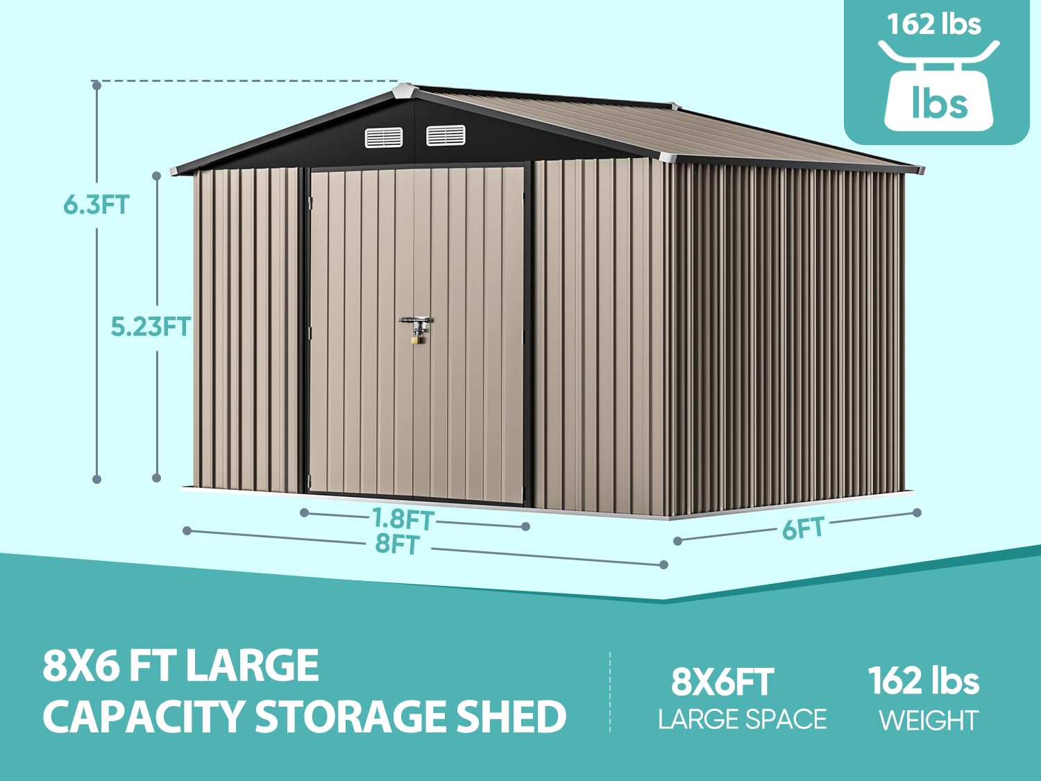 8x6 Metal Storage Shed - Waterproof Outdoor Storage Building with Lockable Doors for Backyard, Garden & Patio Organization | Durable Large Shed for Tools, Equipment & Seasonal Items