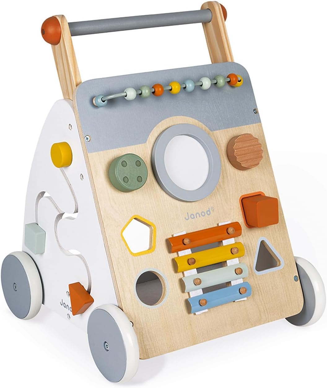 Janod Sweet Cocoon Wooden Multi-Activity Baby Walker for Toddlers 12-24 Months | Learning Push Toy with Bead Maze, Shape Sorter & Music | Montessori Educational Toy for First Steps | Nursery, Playroom & Daycare Essential (J04410)
