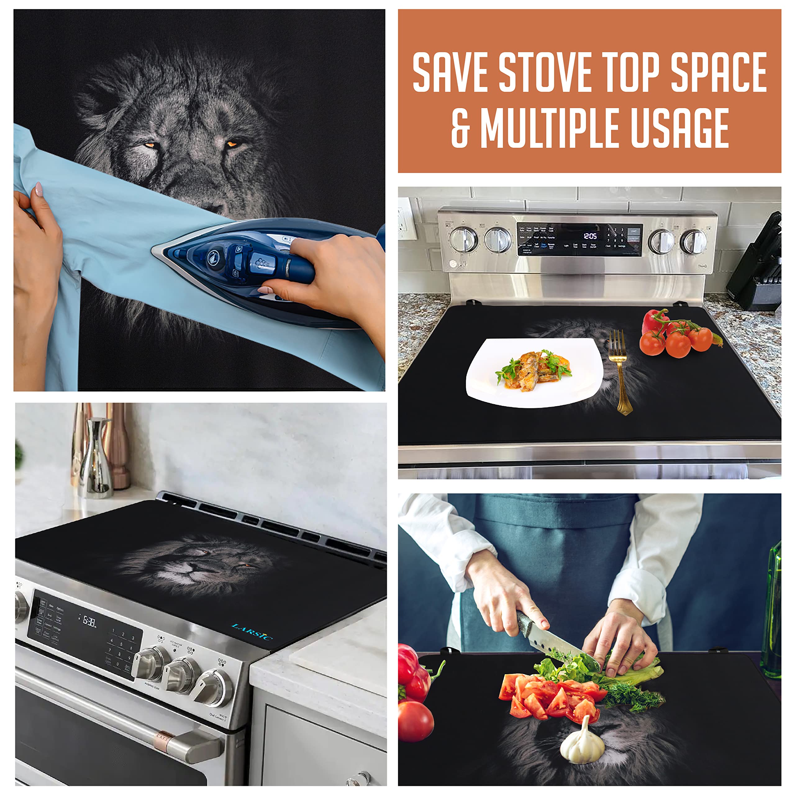 Larsic Stove Cover - Non-Slip Waterproof Electric Stove Protector for Washer Dryer Top, Foldable Scratch-Resistant Kitchen Organizer (28.5x20.5 Inches, Lion Print) - Perfect for Small Apartments & RV Cooking Spaces