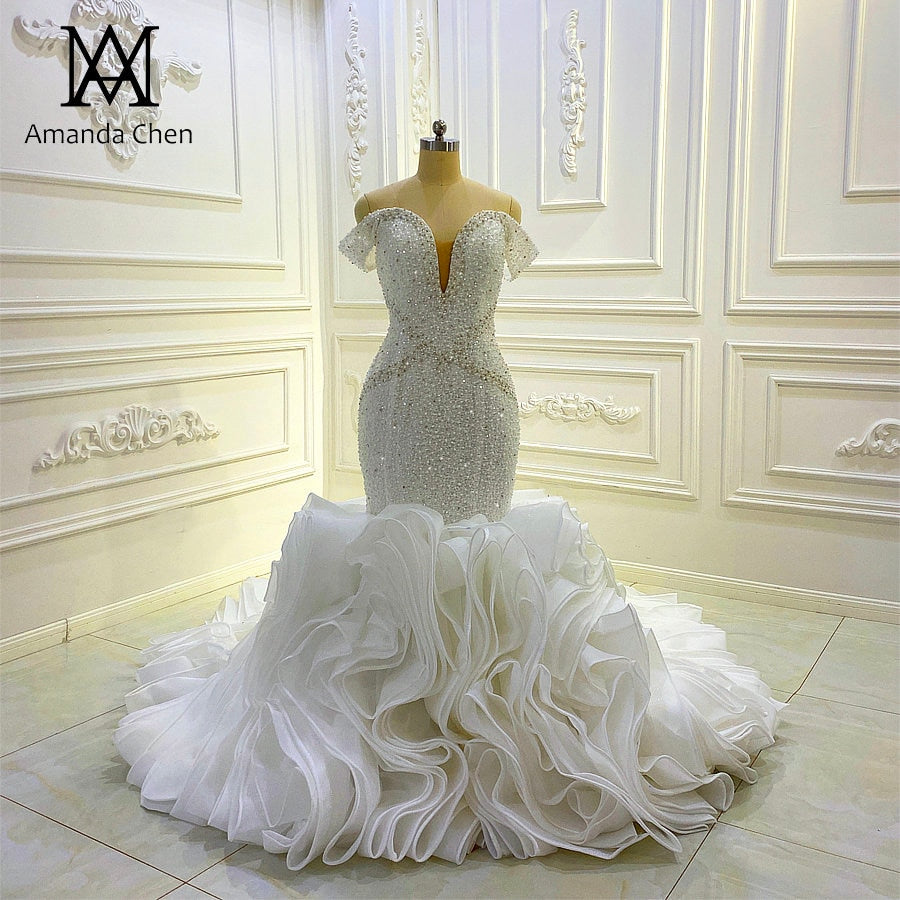 Amanda Novias Off Shoulder Handmade Beading Ruffle Mermaid Wedding Dress – Elegant Bridal Gown for Beach, Church, and Formal Weddings