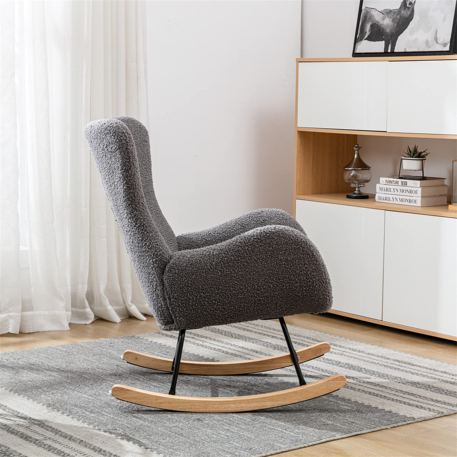 Comfy Rocking Chair with Soft Teddy Fabric Seat - Gray Accent Armchair for Living Room & Bedroom | Perfect for Nursery, Reading Nook & Relaxation