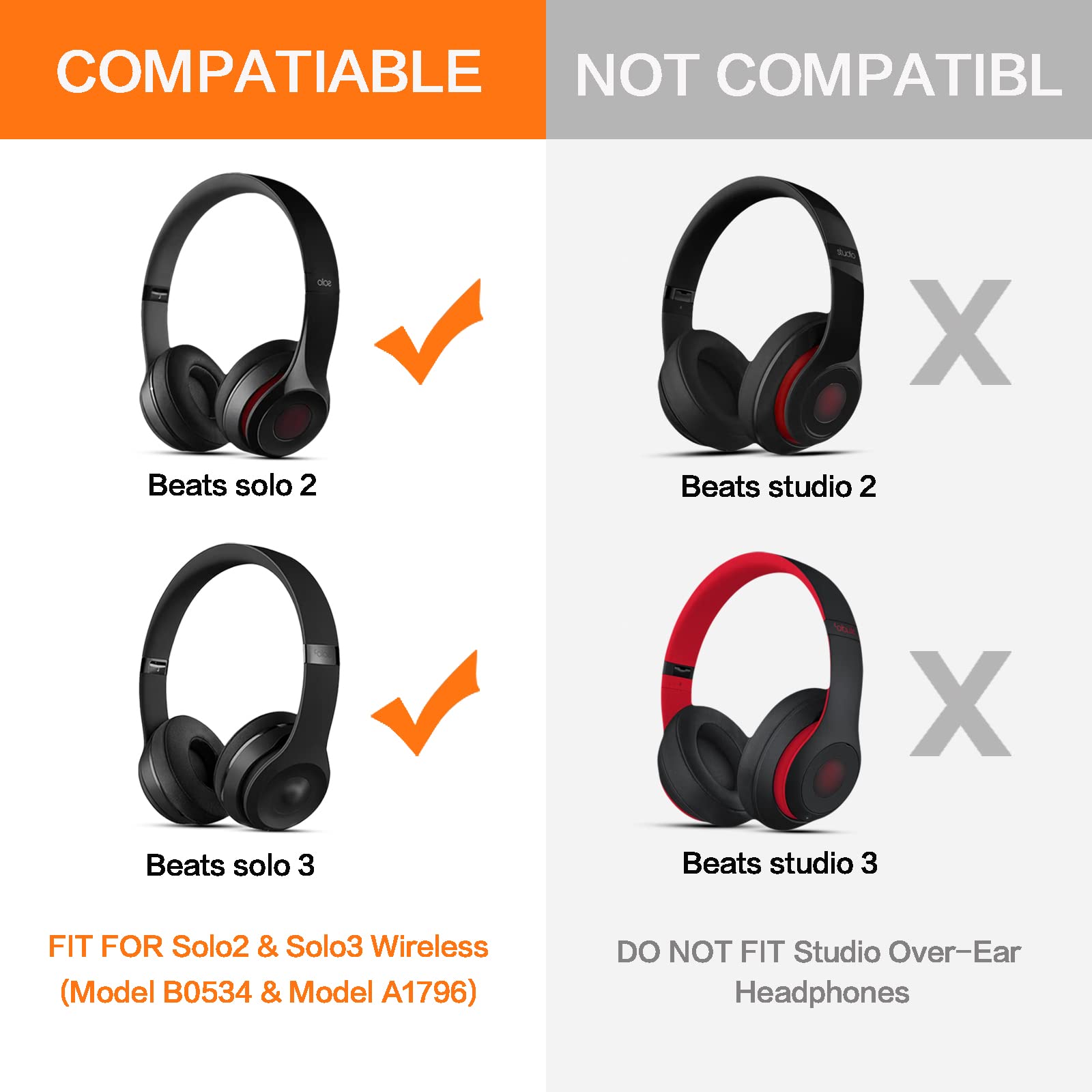 Gvoears Replacement Ear Pads for Beats Solo 3 & Solo 2 Wireless/Wired Headphones - Premium Memory Foam Cushions with Strong 3M Adhesive (Black) - Enhanced Comfort for Gaming, Music & Travel