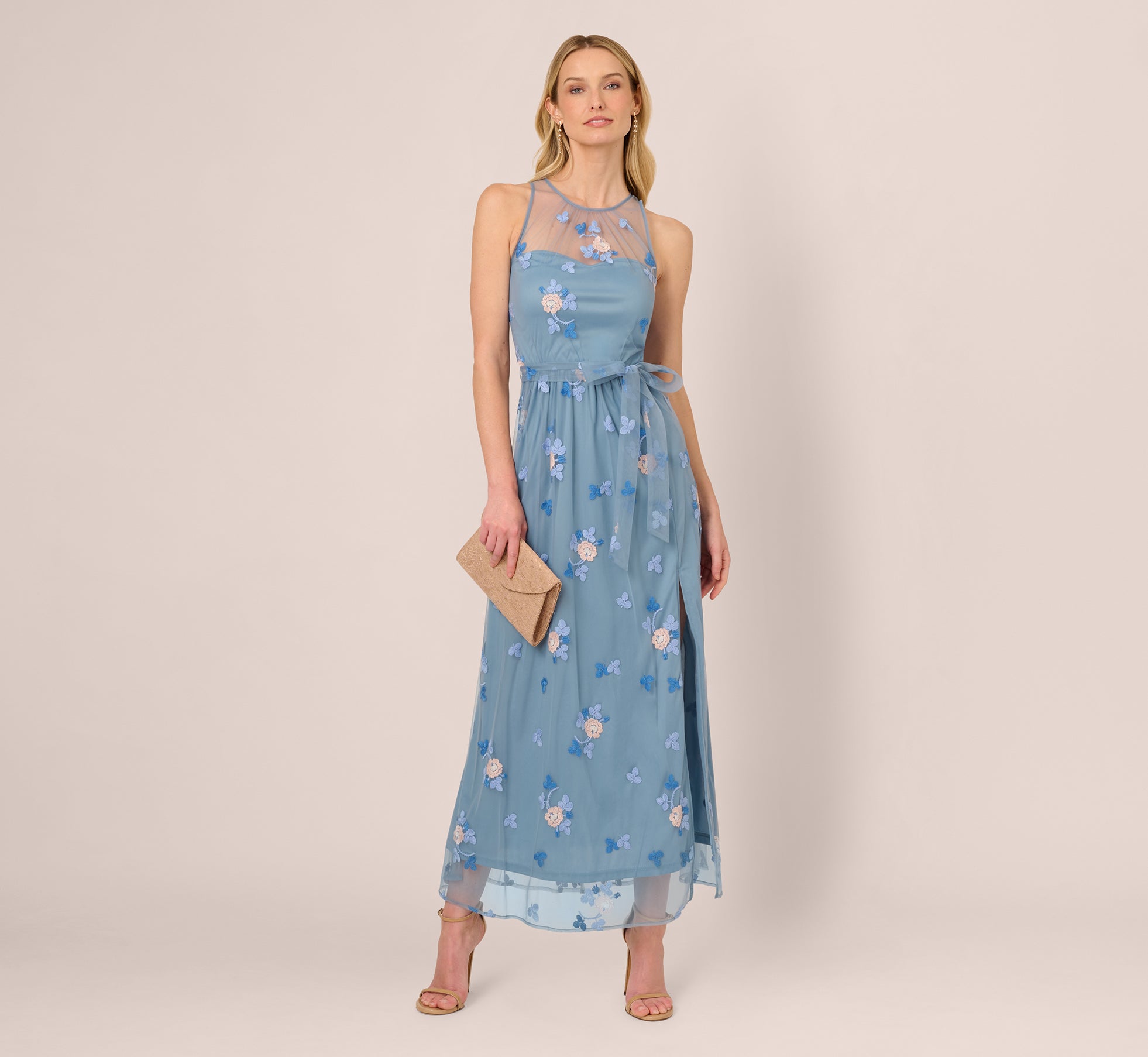 French Blue Sleeveless Embroidered Illusion Maxi Dress - Elegant Summer Beach Wedding & Party Gown