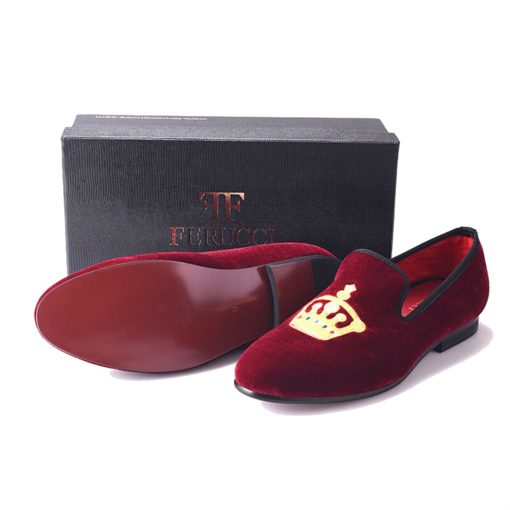 FERUCCI Handmade Burgundy Velvet Men's Loafers with Gold Crown - Luxurious House Slippers for Men, Comfortable Indoor/Outdoor Slippers for Relaxation & Lounging