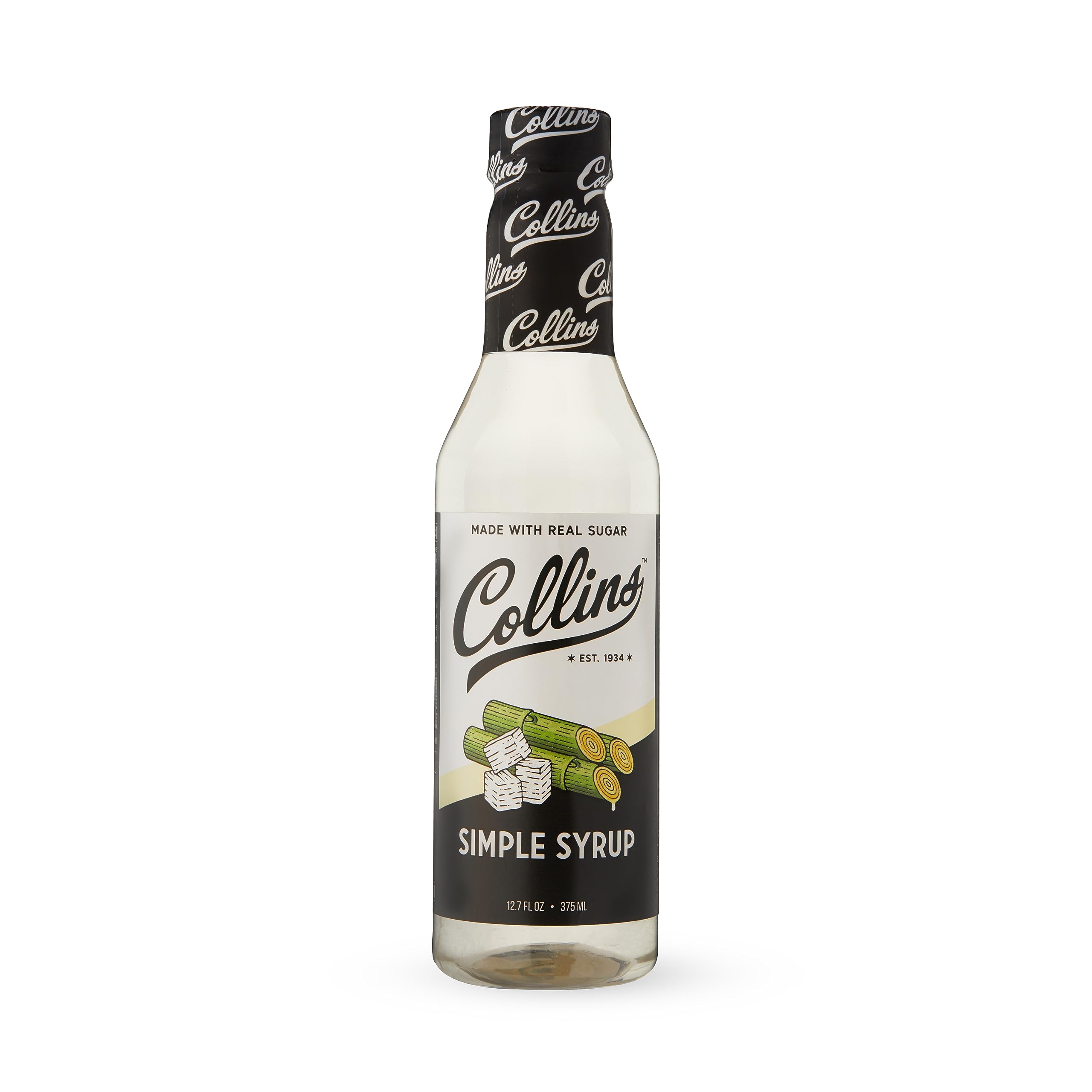 Collins Simple Syrup - Classic Cocktail Syrup for Old Fashioned Drinks, Soda Water Flavors & Mixology | 12.7oz Pure Raw Sugar Syrup | Perfect for Home Bars, Coffee Shops & Bartending
