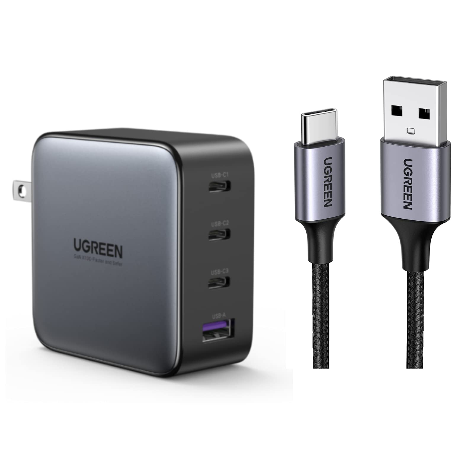 UGREEN 100W USB C Multiport Charger 4-Port Fast Charging Station with Nylon Braided USB A to C Cable - Compatible with Galaxy S21/S20/S10/Note20, iPhone 15/14/13, MacBook, iPad, GoPro Hero, PS5, Nintendo Switch - Perfect for Travel, Office & Home Charging