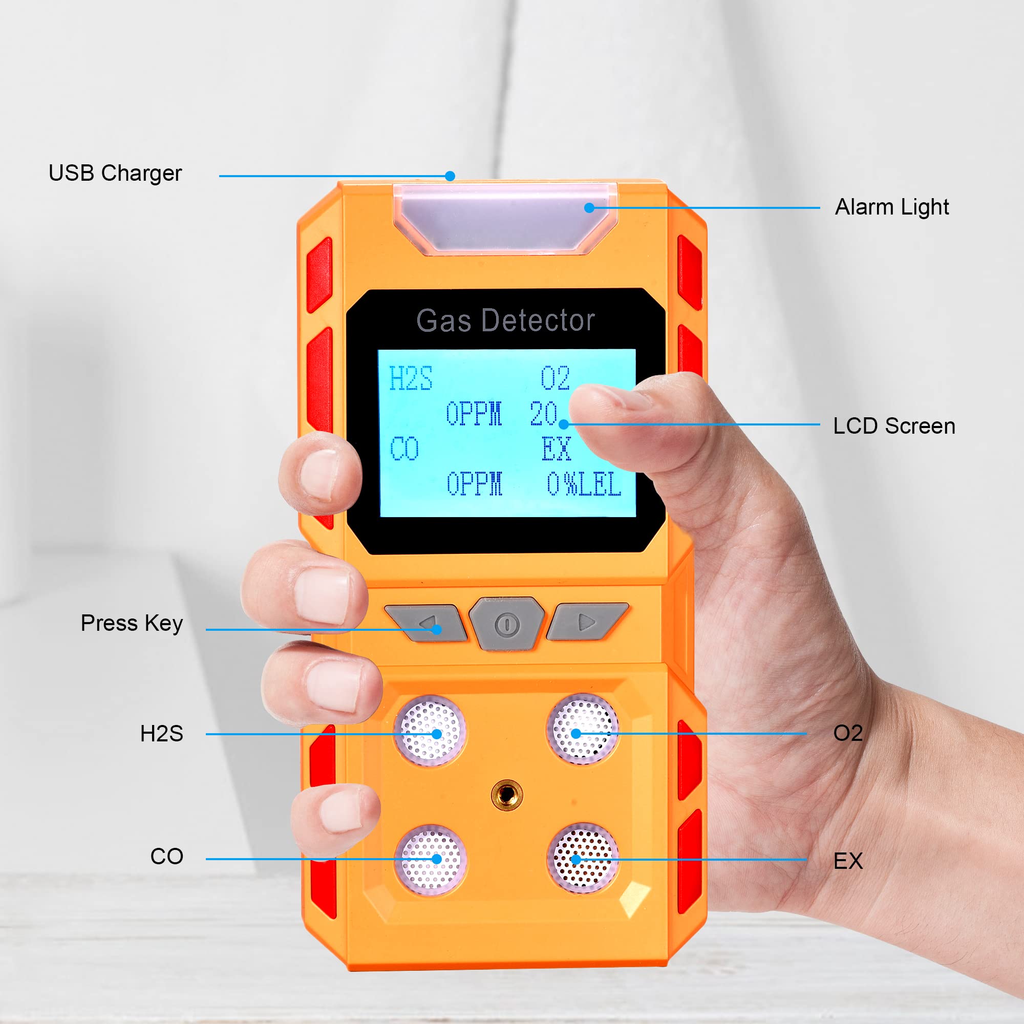 Upgrade 4-in-1 Portable Gas Detector - Handheld Multi-Gas Monitor with Digital LCD Display & Rechargeable Battery - Methane, CO, O2, H2S Gas Leak Tester for Home Safety, Industrial Use & Confined Space Detection (Orange)