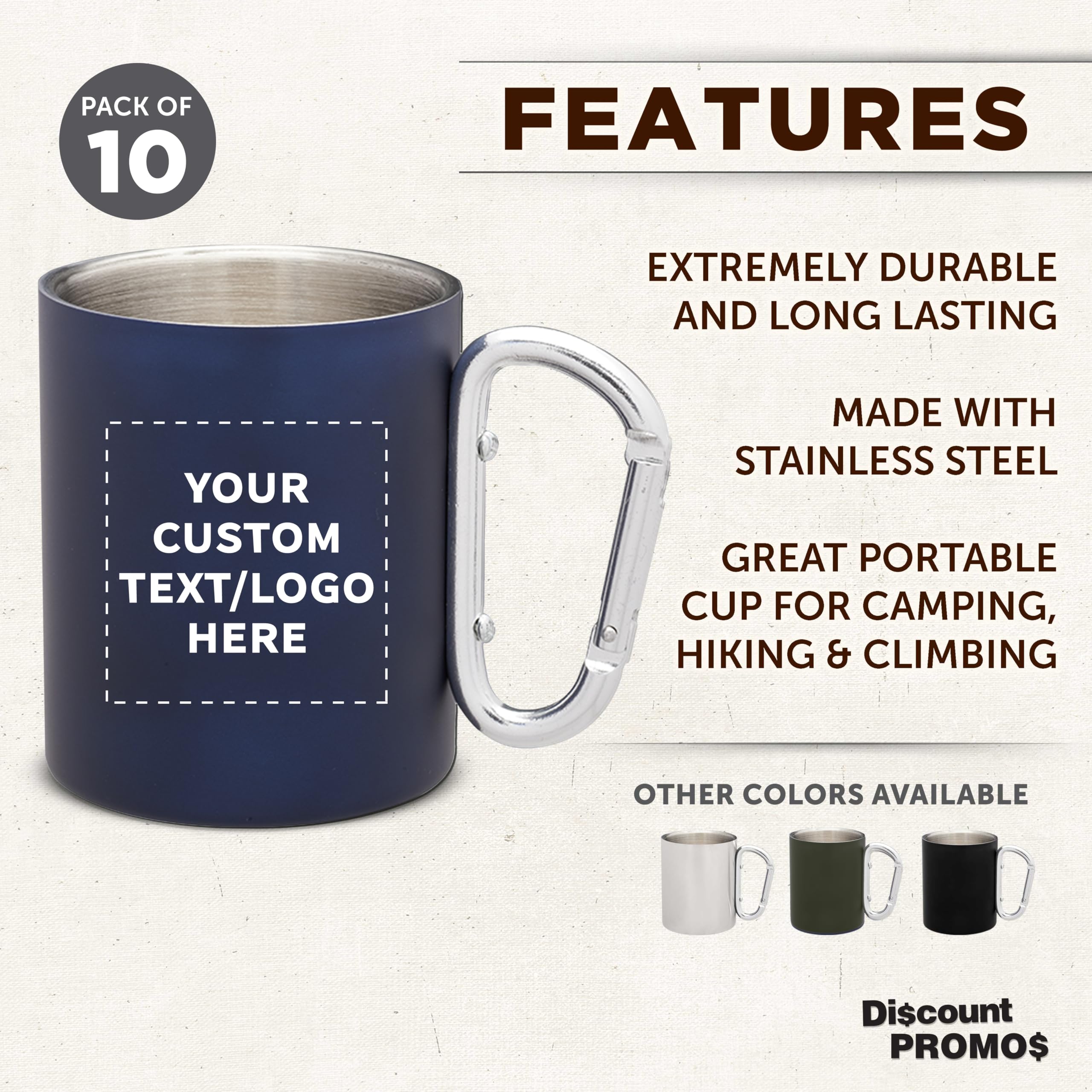 10-Pack Custom Stainless Steel Mugs with Carabiner Handle - 10oz Insulated Travel Coffee Cups for Hot & Cold Beverages - Personalized Bulk Pack Navy Blue - Perfect for Camping, Office, Gifts & Outdoor Activities