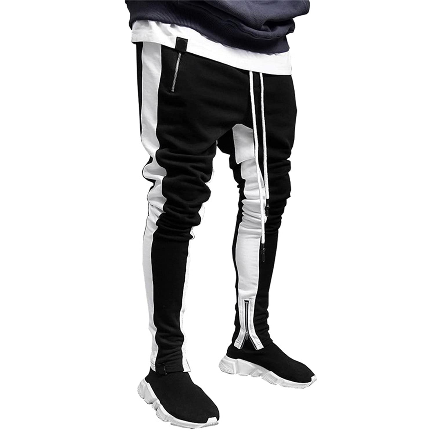Men's Skinny Stripe Elastic Jogger Pants with Drawstring & Zipper Pockets - Casual Tapered Sweatpants for Running, Gym, Lounge (Black, Large)