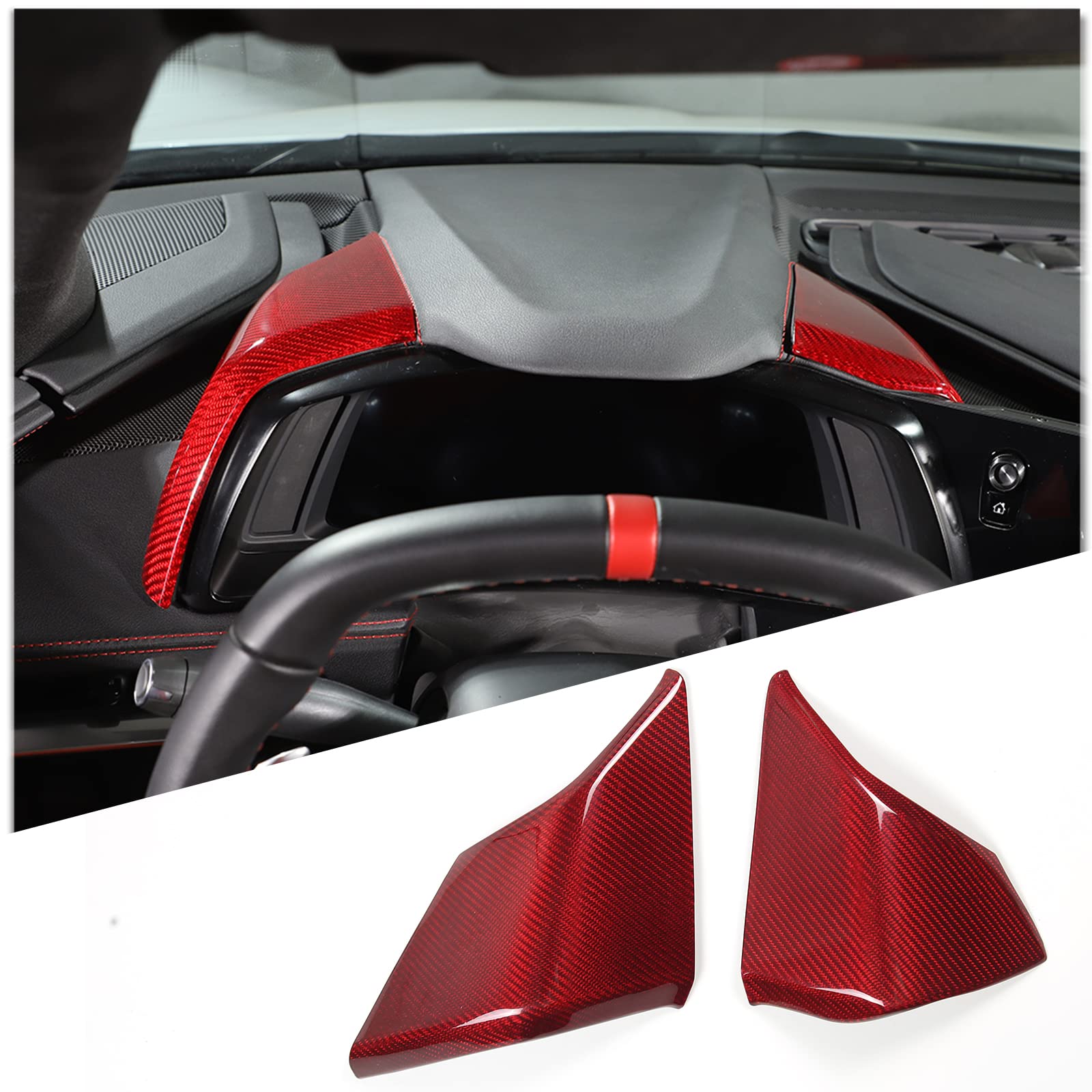 Premium Real Carbon Fiber Car Dashboard Cover for Chevrolet Corvette C8 2020-2023 - Side Instrument Hood & Center Console Trim Accessories (Red) - Enhances Interior Style & Protects Dash from Sun Damage