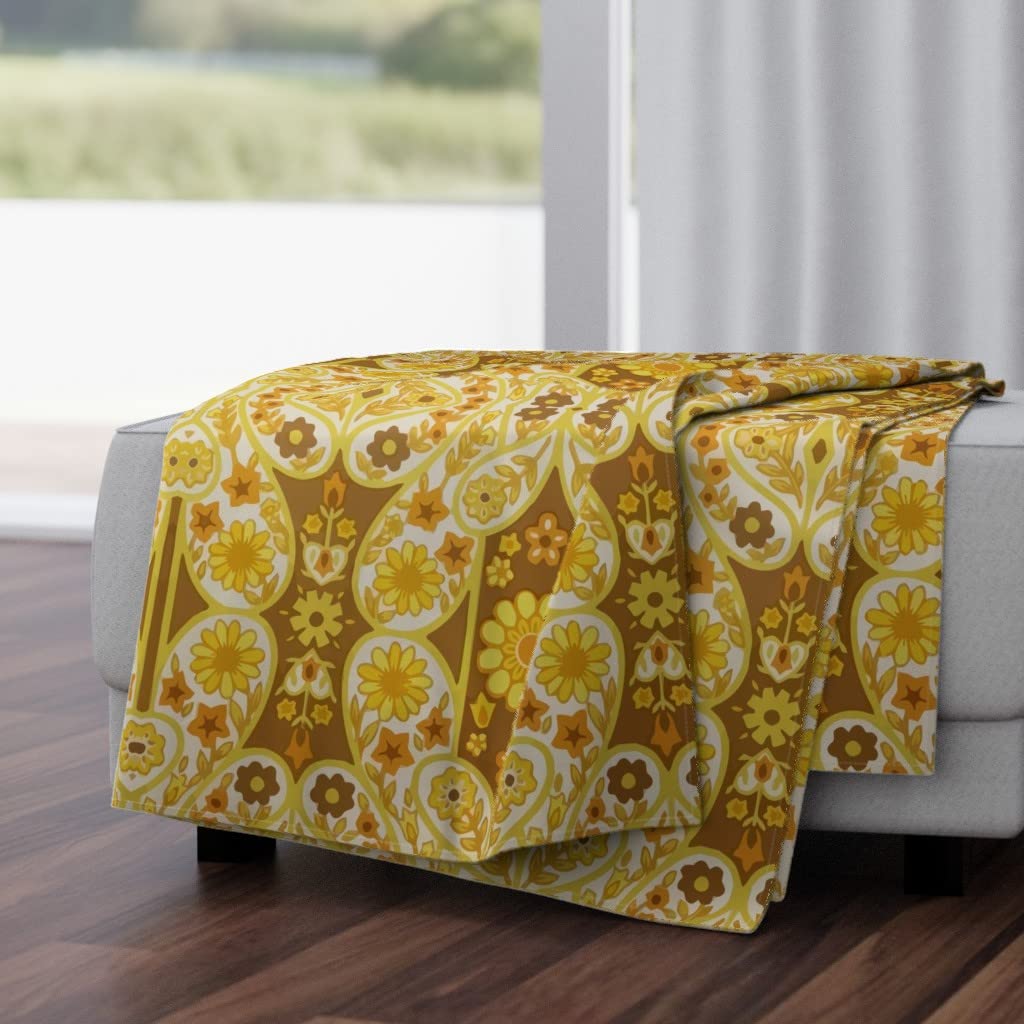 Luxe Velvet Throw Blanket 50x70 Inches - Mustard Gold Vintage Floral Retro Design for Sofa, Bed & Home Decor | Soft Cozy Blanket for Living Room, Bedroom & Gift Giving