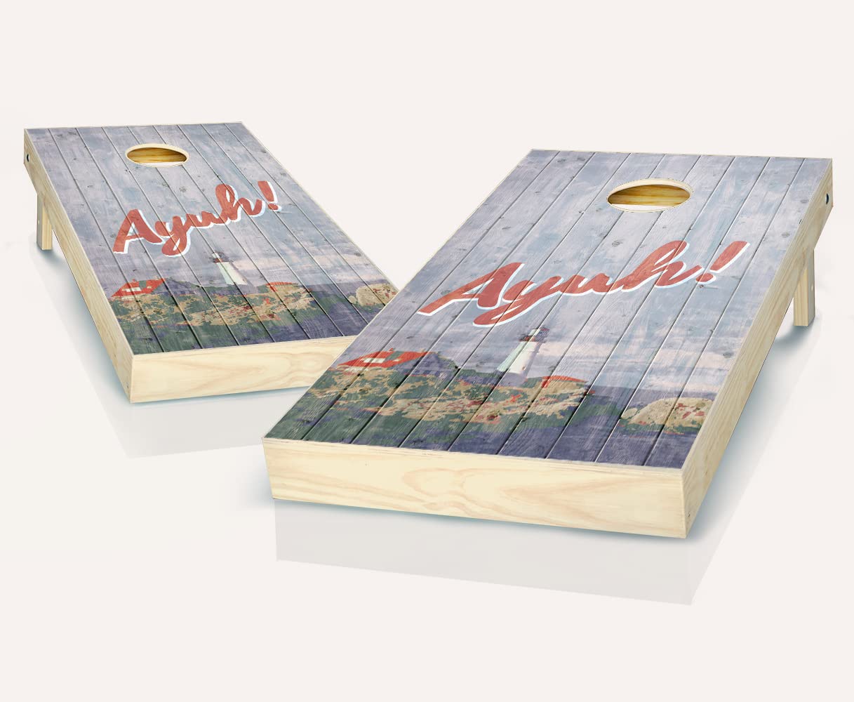 Skip's Garage Vintage New England Ayuh! Cornhole Boards Set - 2 Premium Boards & 8 Bean Bags with Custom Accessories - Perfect for Backyard Parties, Tailgating & Outdoor Games (Choose Your Style)
